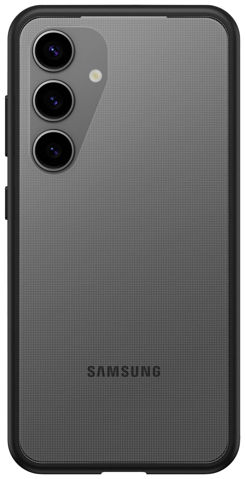 Pohled zezadu na smartphone se třemi vertikálními kamerovými čočkami a černým tělem s logem Samsung.