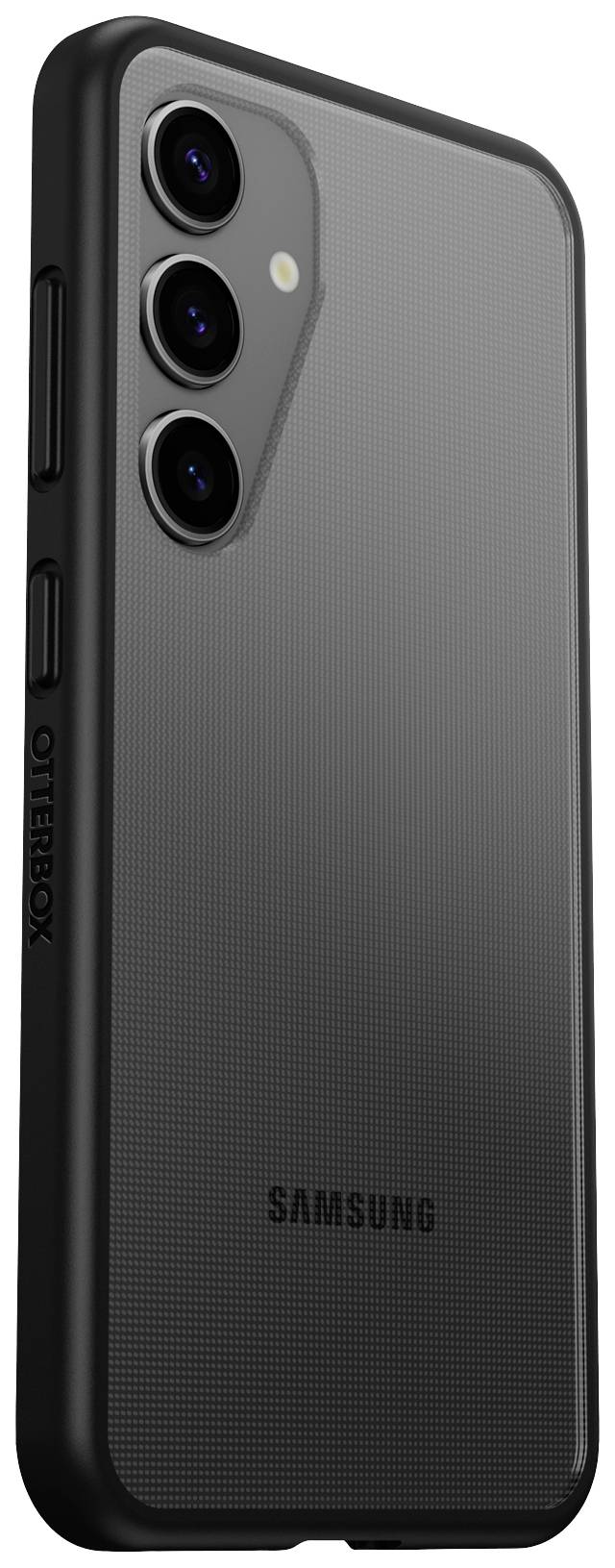 Smartphone se třemi fotoaparáty na zadní straně. Černé tělo s logem Otterbox po straně.