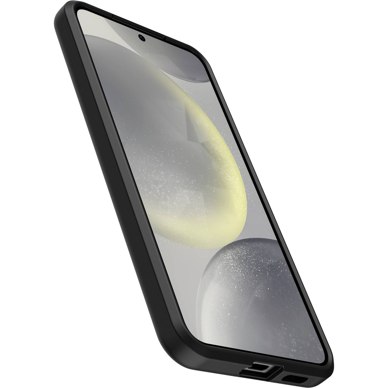 Černý smartphone se zaoblenými rohy zobrazuje abstraktní pozadí v odstínech šedi s žlutými akcenty.