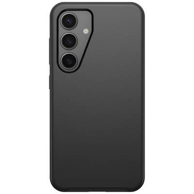 Černý smartphone se třemi vertikálně uspořádanými kamerovými čočkami a bleskem. Jednoduché designové provedení se zaoblenými rohy.