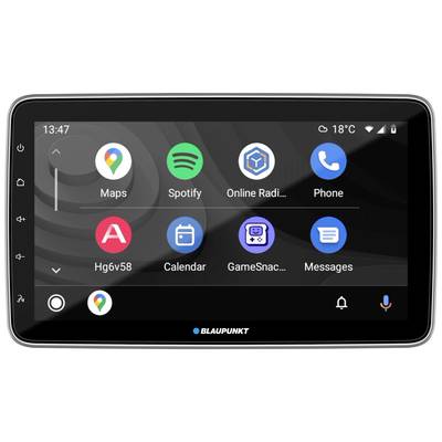 Displej automobilu zobrazuje aplikace jako Mapy, Spotify, Online rádio, Telefon, Kalendář a Zprávy. Nahoře vpravo: 18°C a symbol WiFi.