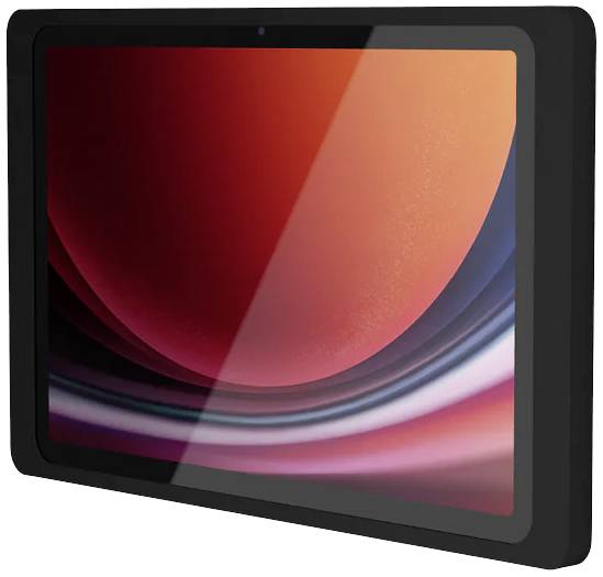 Moderní tablet s černým rámečkem, jehož displej zobrazuje dynamickou červeno-černou grafiku.