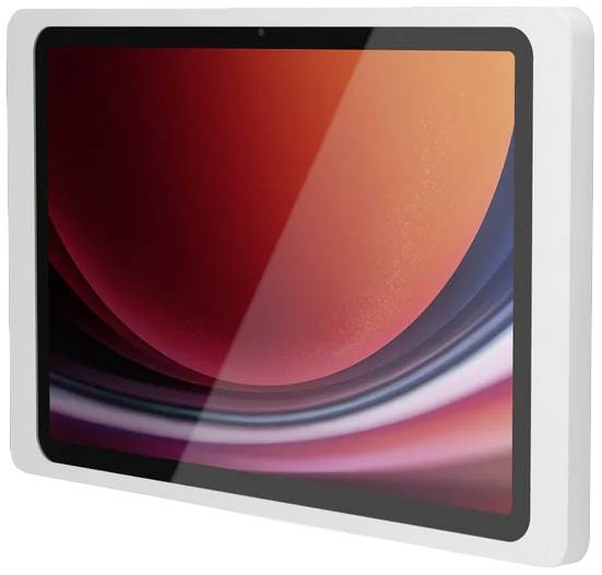 Tablet s černým rámečkem, displej zobrazuje abstraktní červené a fialové tvary.