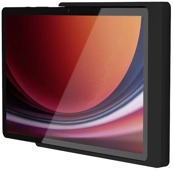 Moderní tablet se zaoblenými rohy a velkým displejem, který zobrazuje abstraktní design v červeno-modrých tónech.
