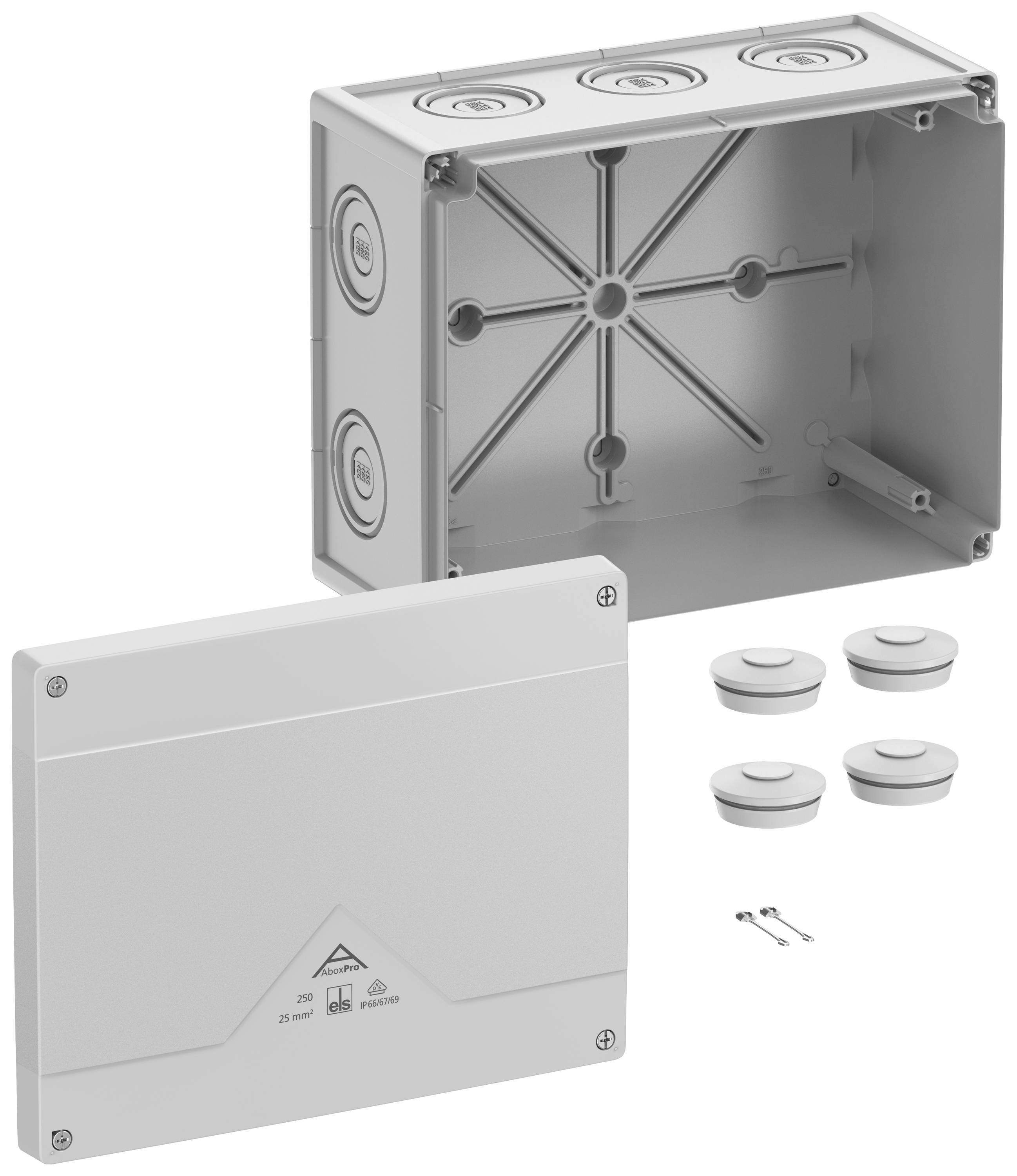 Šedá elektrická rozvodná krabice s odnímatelným víkem, čtyřmi kabelovými vývodkami a dvěma šrouby v dodávce.