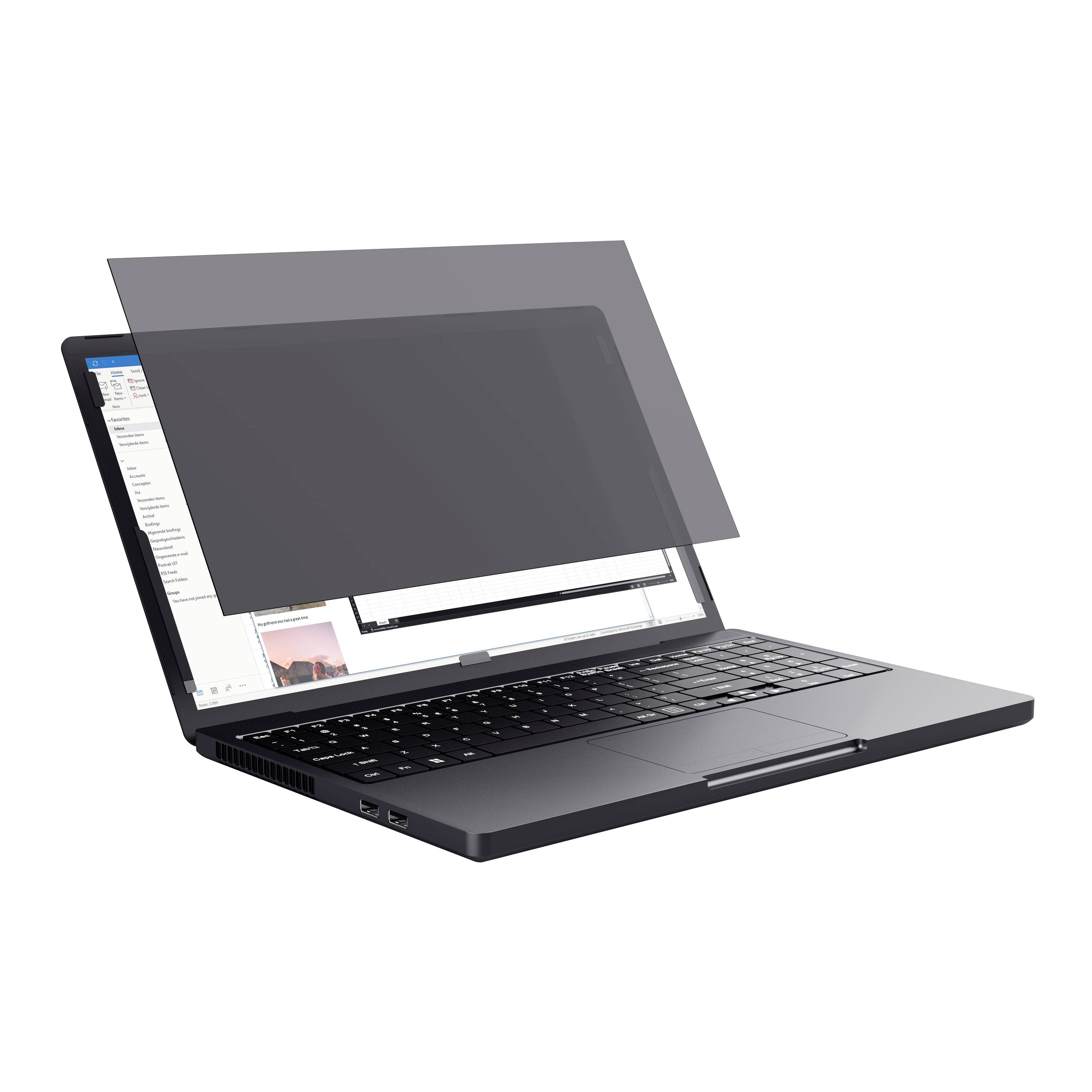 Rozevřený notebook s aktivním displejem. Ochranná fólie je z poloviny navinutá přes obrazovku.