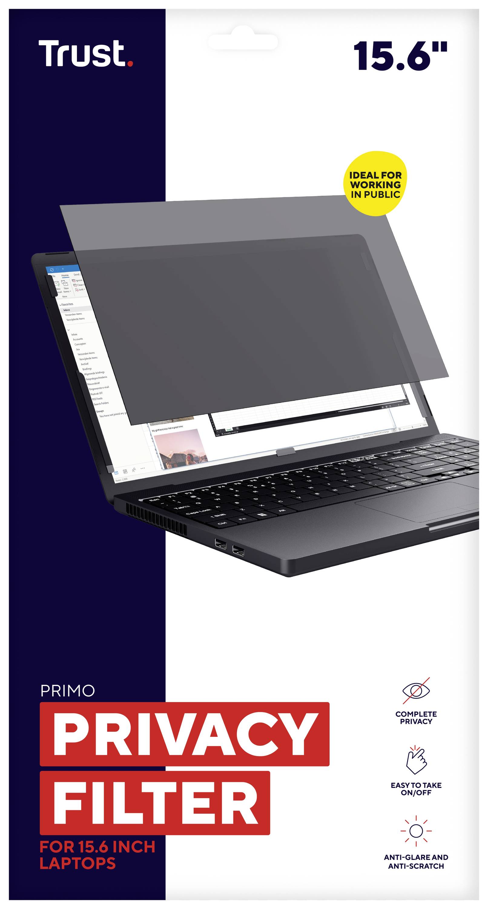 Obal filtru soukromí Trust pro notebooky s 15,6" displejem. Vlastnosti produktu: ochrana soukromí, antireflexní úprava, ochrana proti škrábancům.