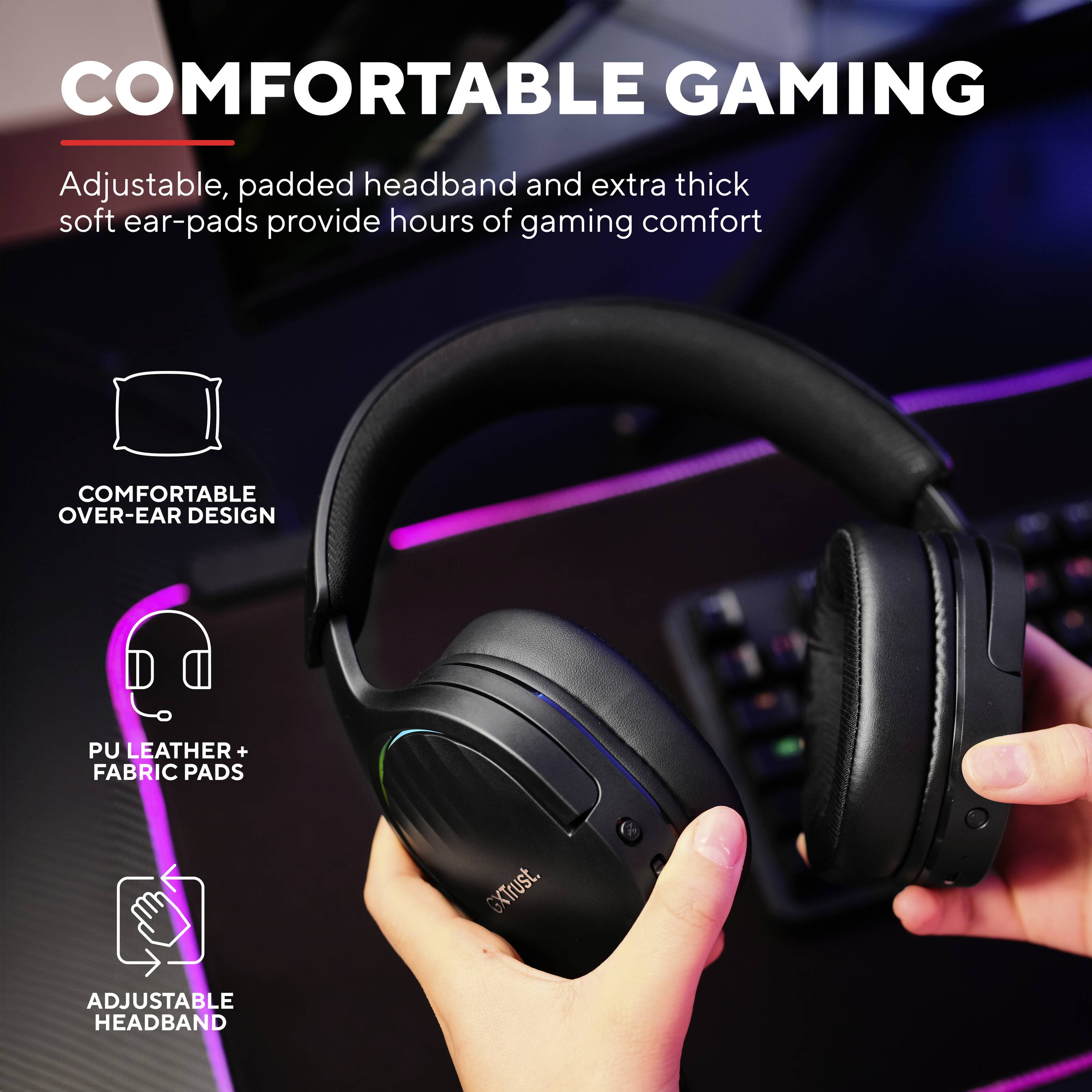 Černá over-ear sluchátka s polstrovanou čelenkou a látkovou výstelkou; text: 'Hrajte v pohodlí'. Důraz na komfort a design.