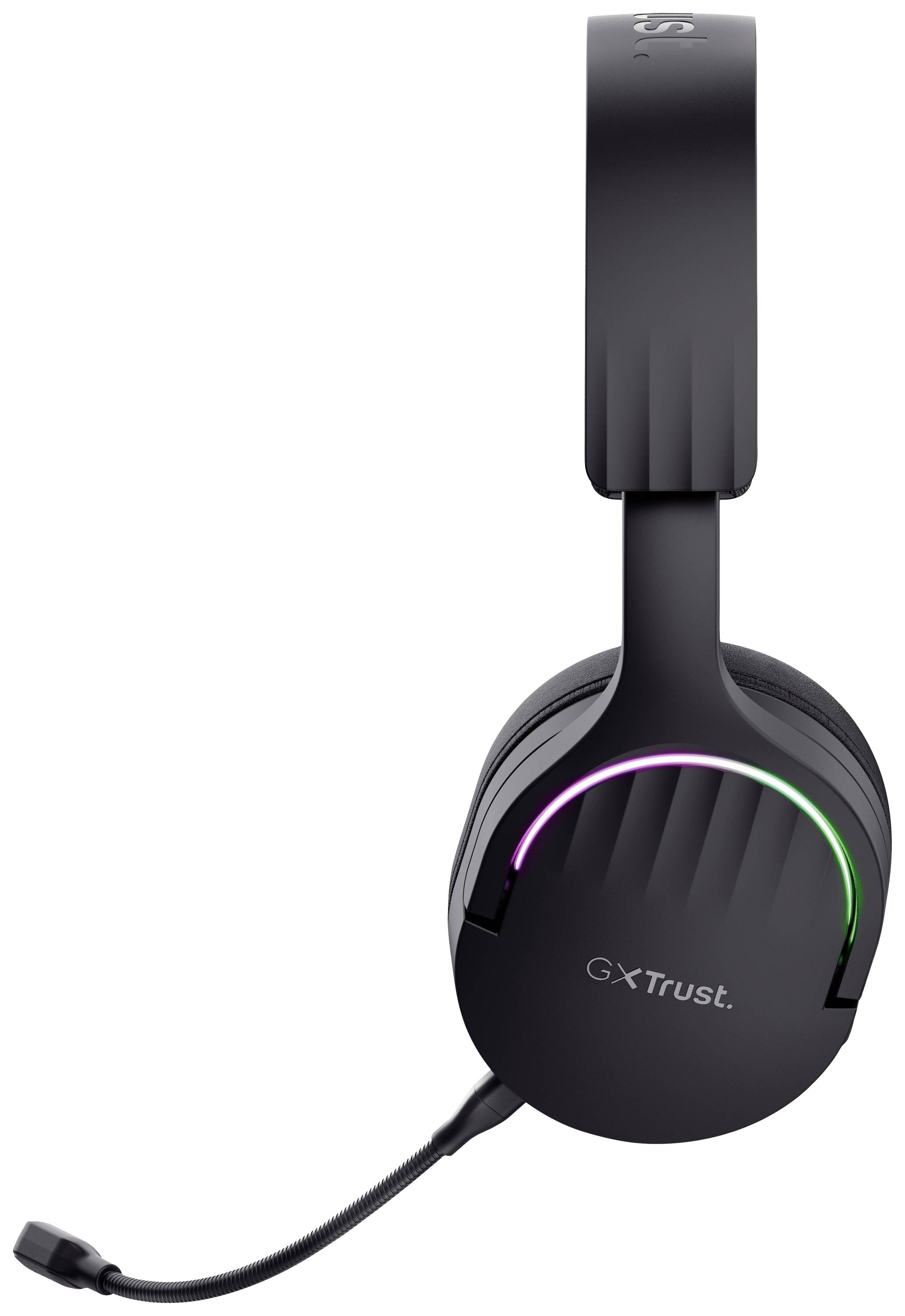 Černé herní headset s mikrofonem, osvětlené duhovou barvou. Firemní logo 'GXT' na straně sluchátek.