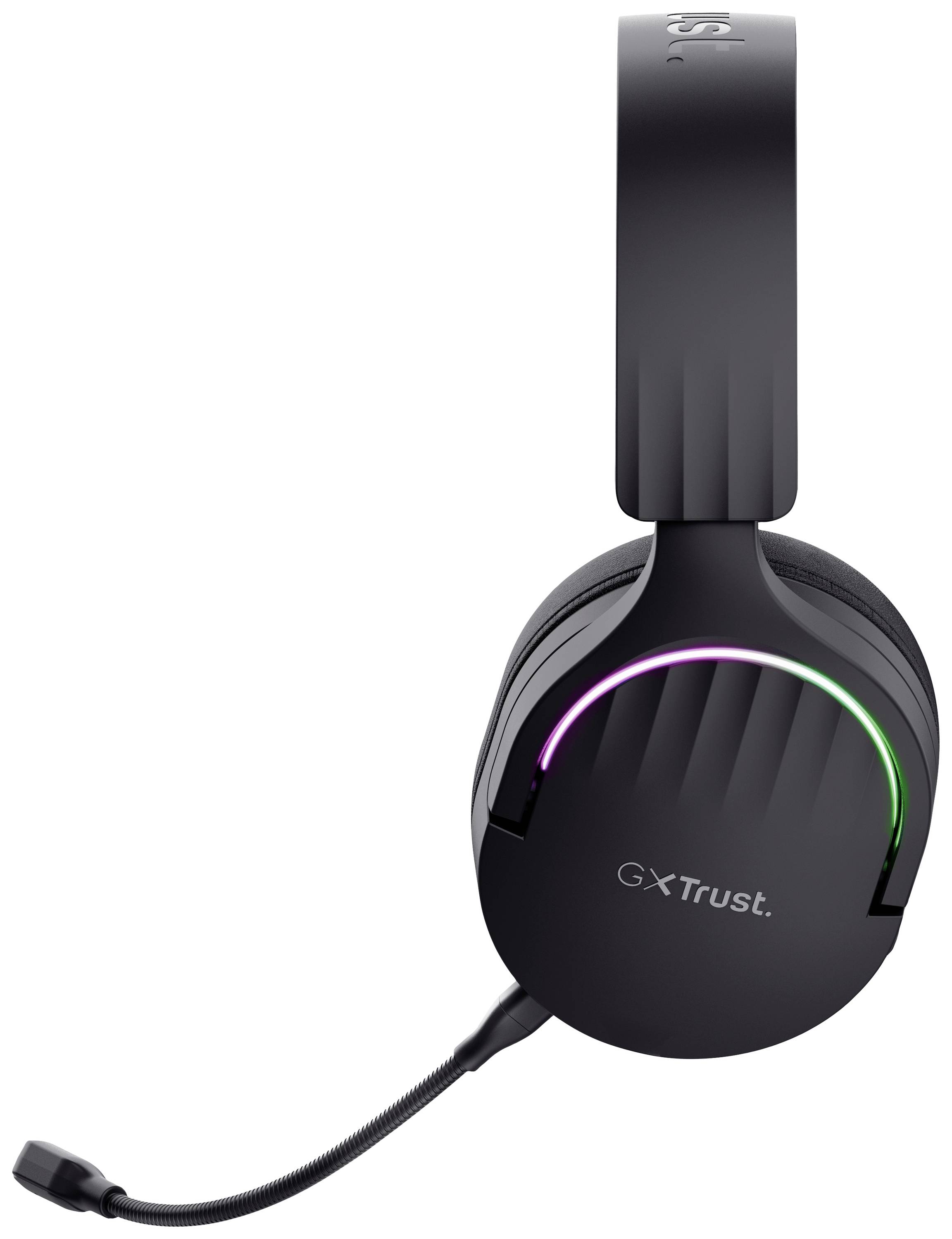 Černá herní headset s mikrofonem a svítícími LED světly na náušnících s nápisem 'GXT Trust'.