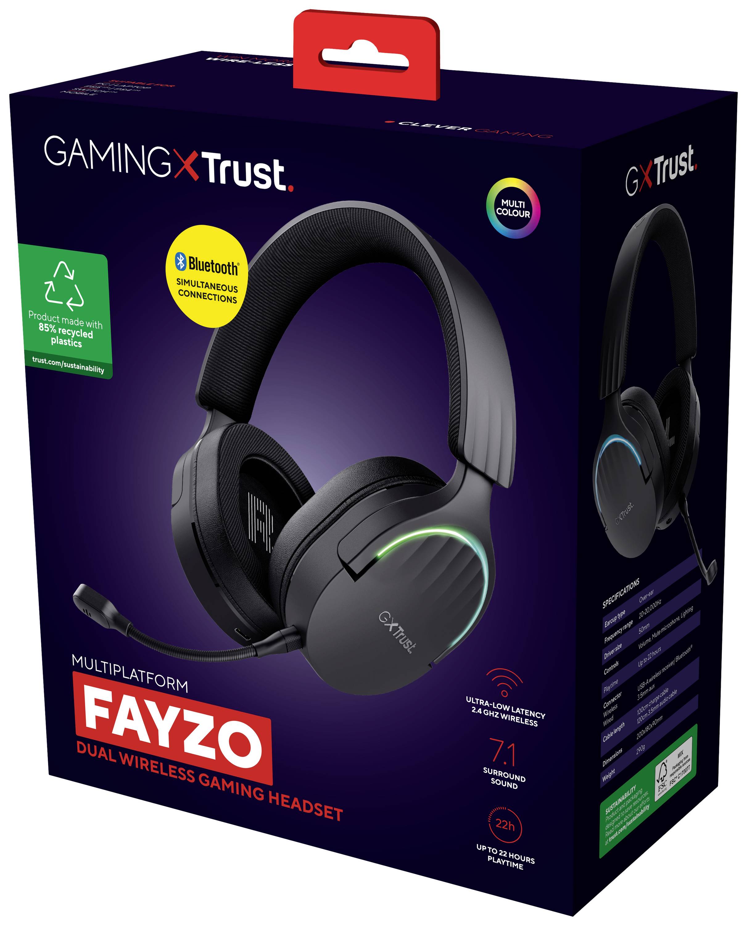 Herní bezdrátová sluchátka FAYZO Dual s černým designem, propagovaná jako 7.1 prostorový zvuk, s podporou Bluetooth a dlouhou výdrží baterie.