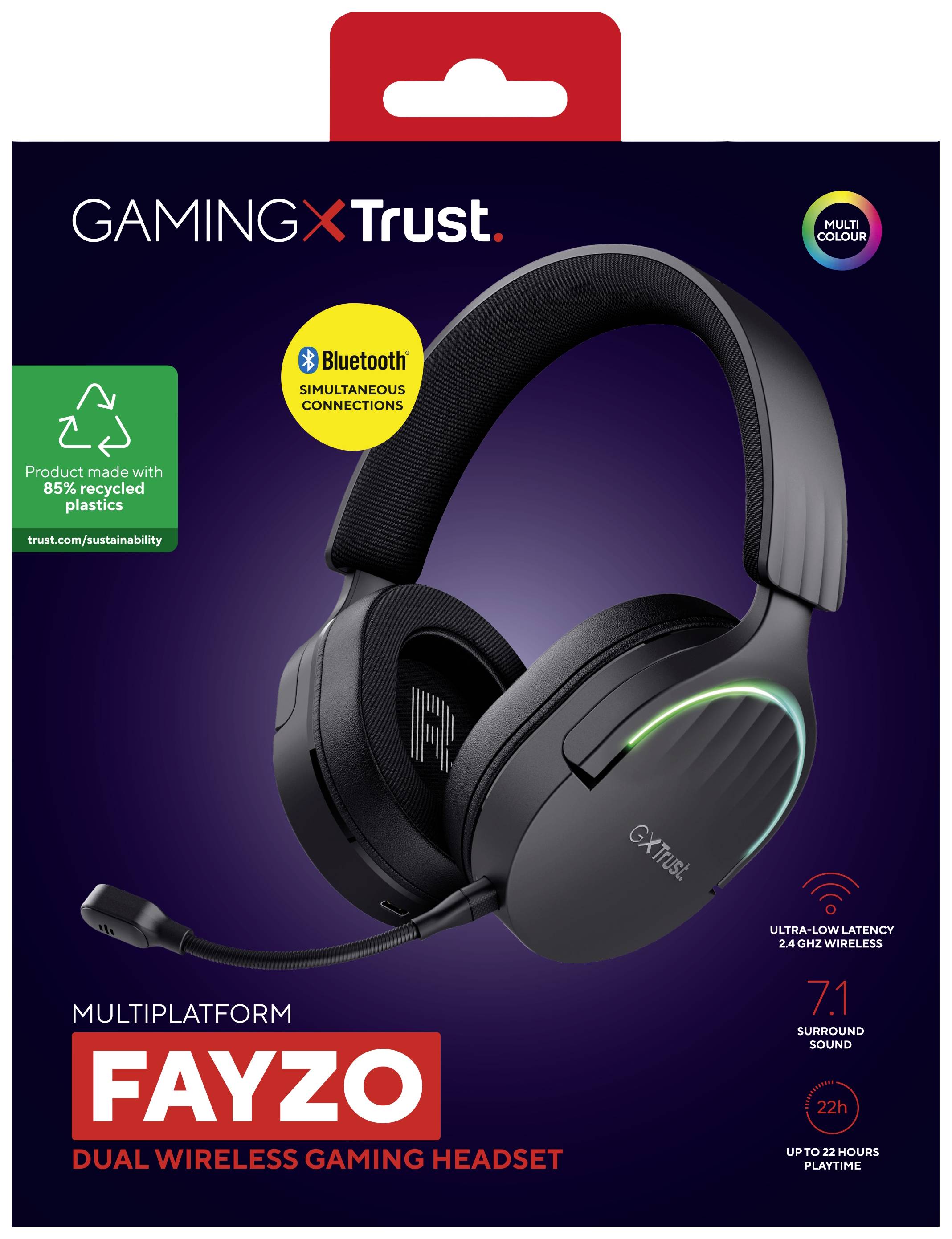 "Trust Fayzo" bezdrátová herní sluchátka na produktovém obalu. Vlastnosti: Bluetooth, nízká latence, 7.1 prostorový zvuk, výdrž baterie 22 hodin.
