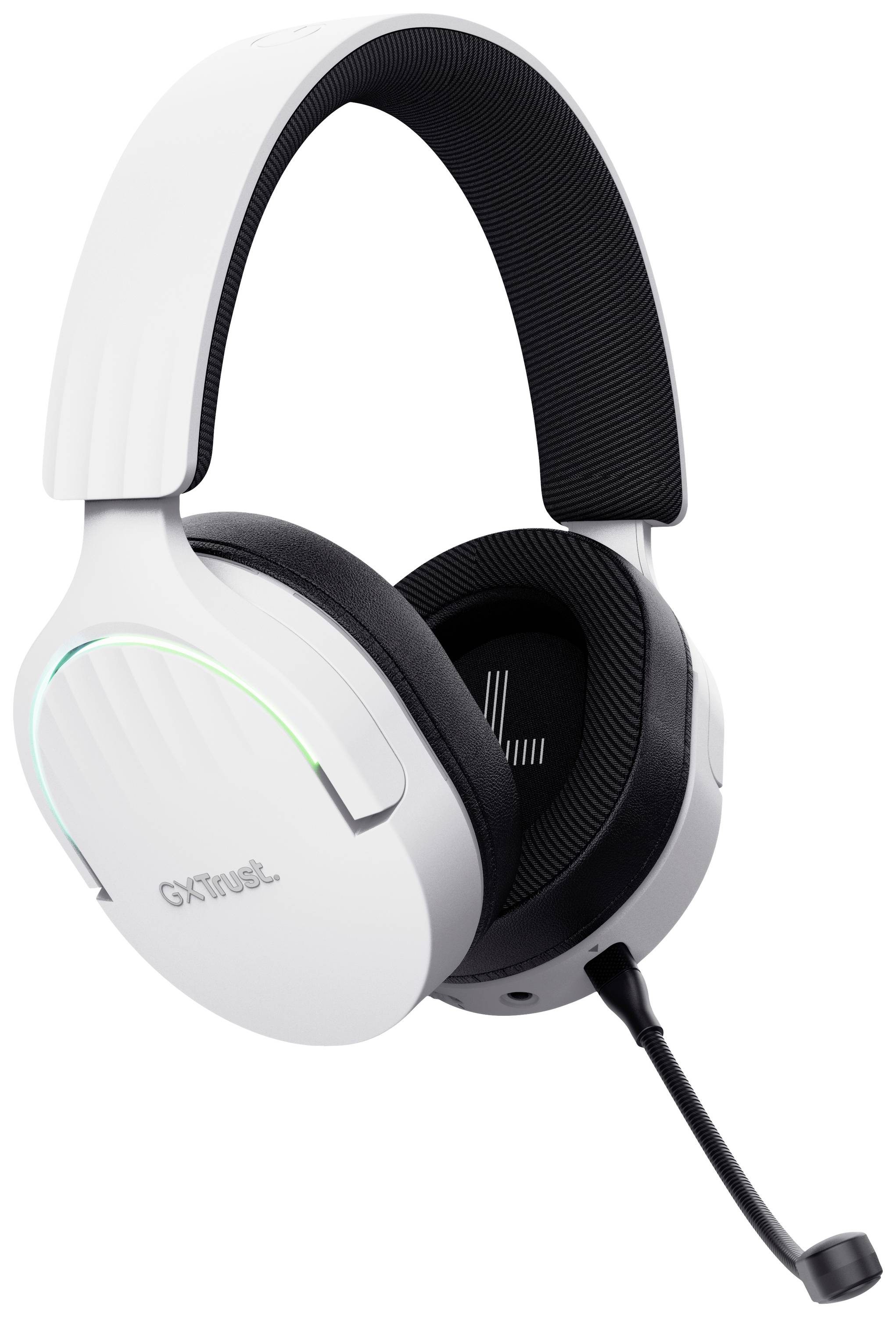 Kabelový bílý herní headset s mikrofonem, černými náušníky a zeleným LED podsvícením. Název značky na straně.