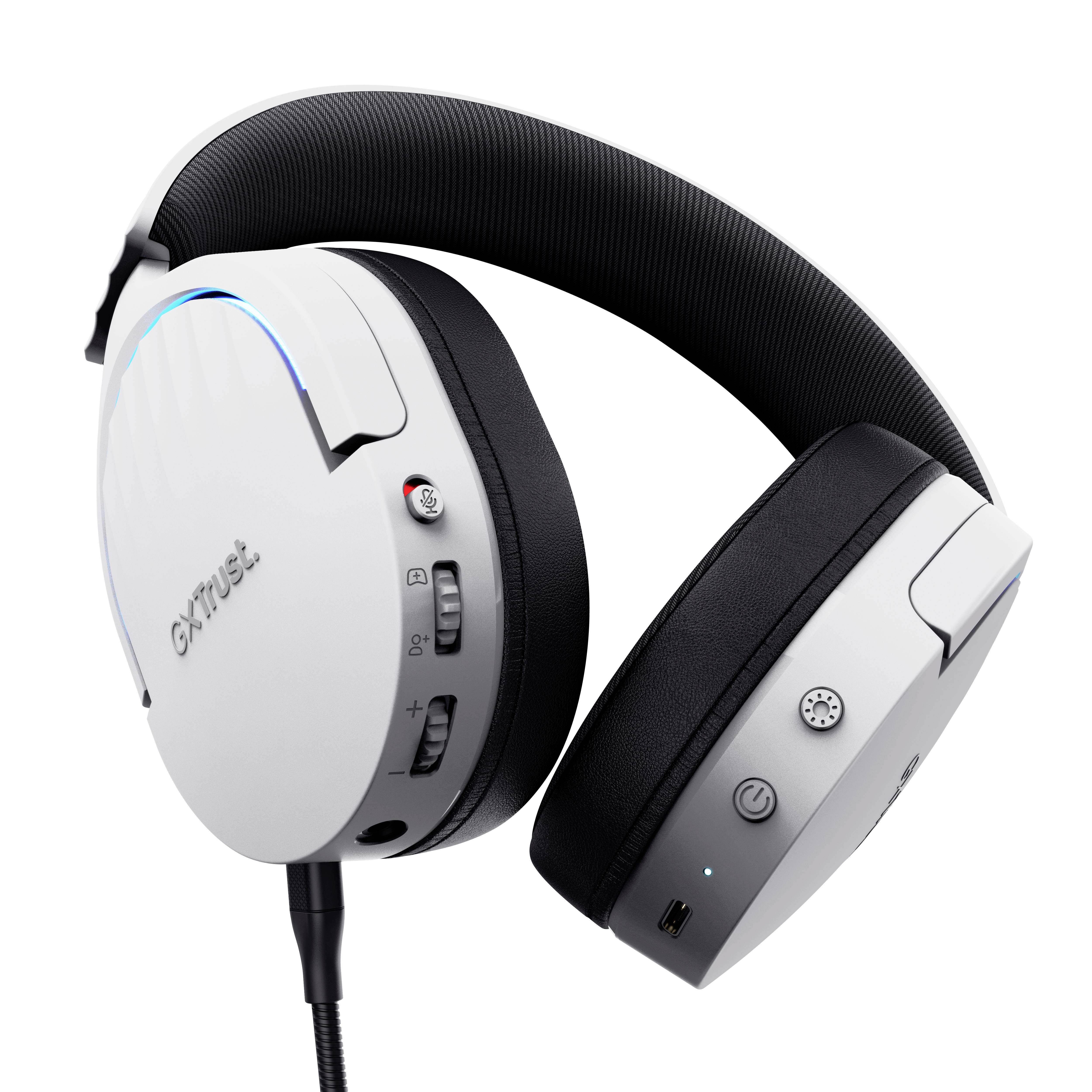 Bílé over-ear sluchátka s černými náušníky a ovládacími tlačítky na straně.