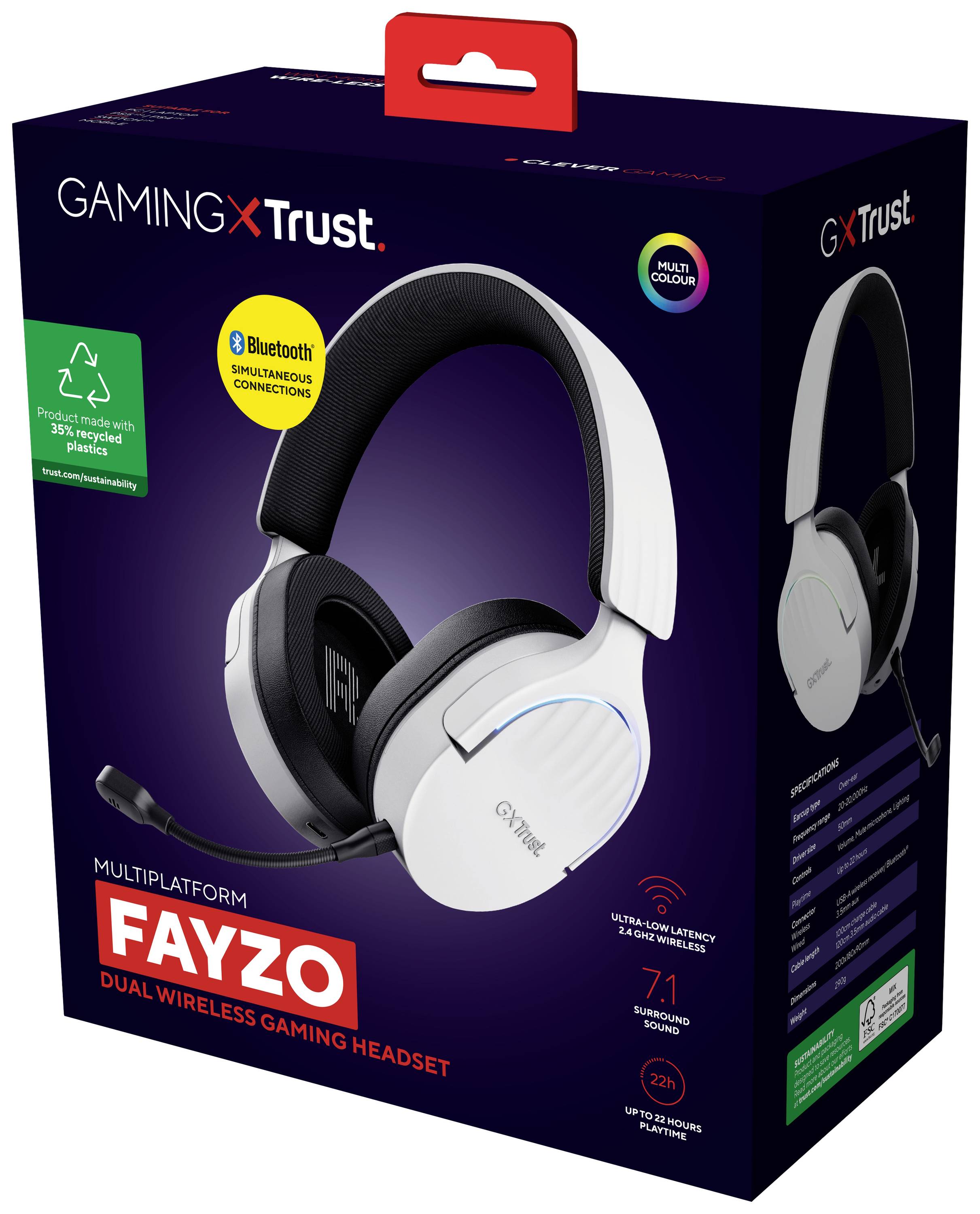 Bezdrátová herní sluchátka 'Fayzo' od Trust. Nabízí Bluetooth, 7.1 prostorový zvuk a kompatibilitu s více platformami. Balení v tmavě modré barvě.