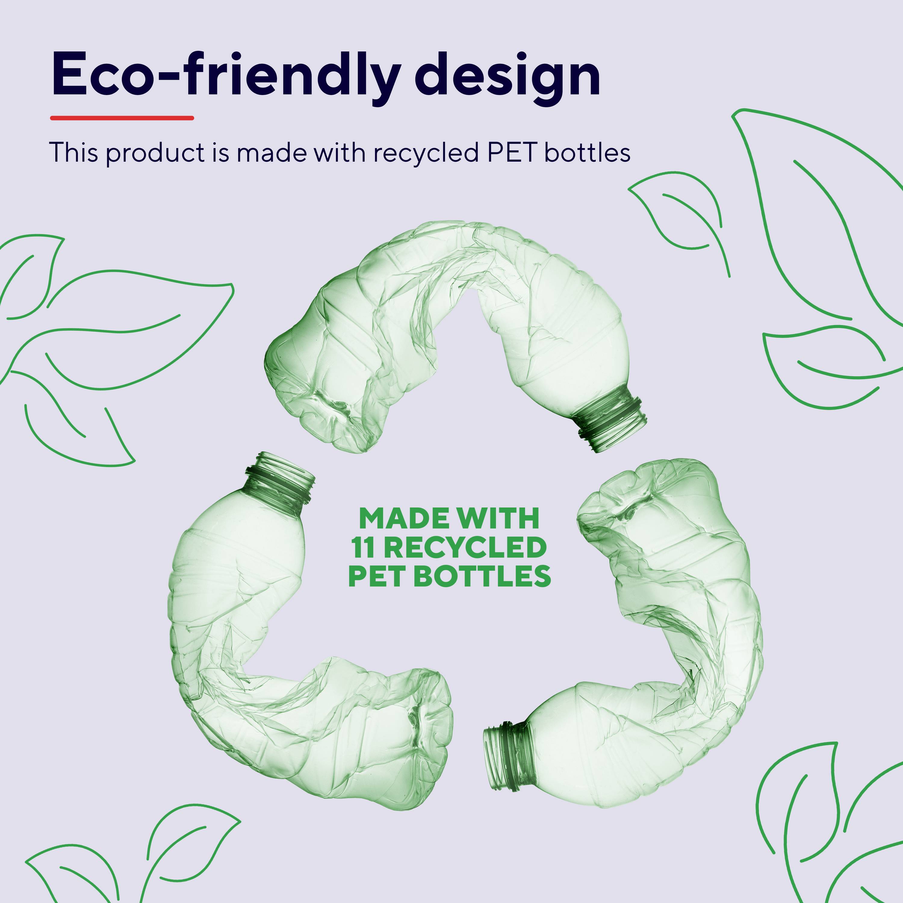 Designový prvek šetrný k životnímu prostředí a "Vyrobeno z 11 recyklovaných PET lahví" s třemi zelenými lahvemi a listy na světlém pozadí.