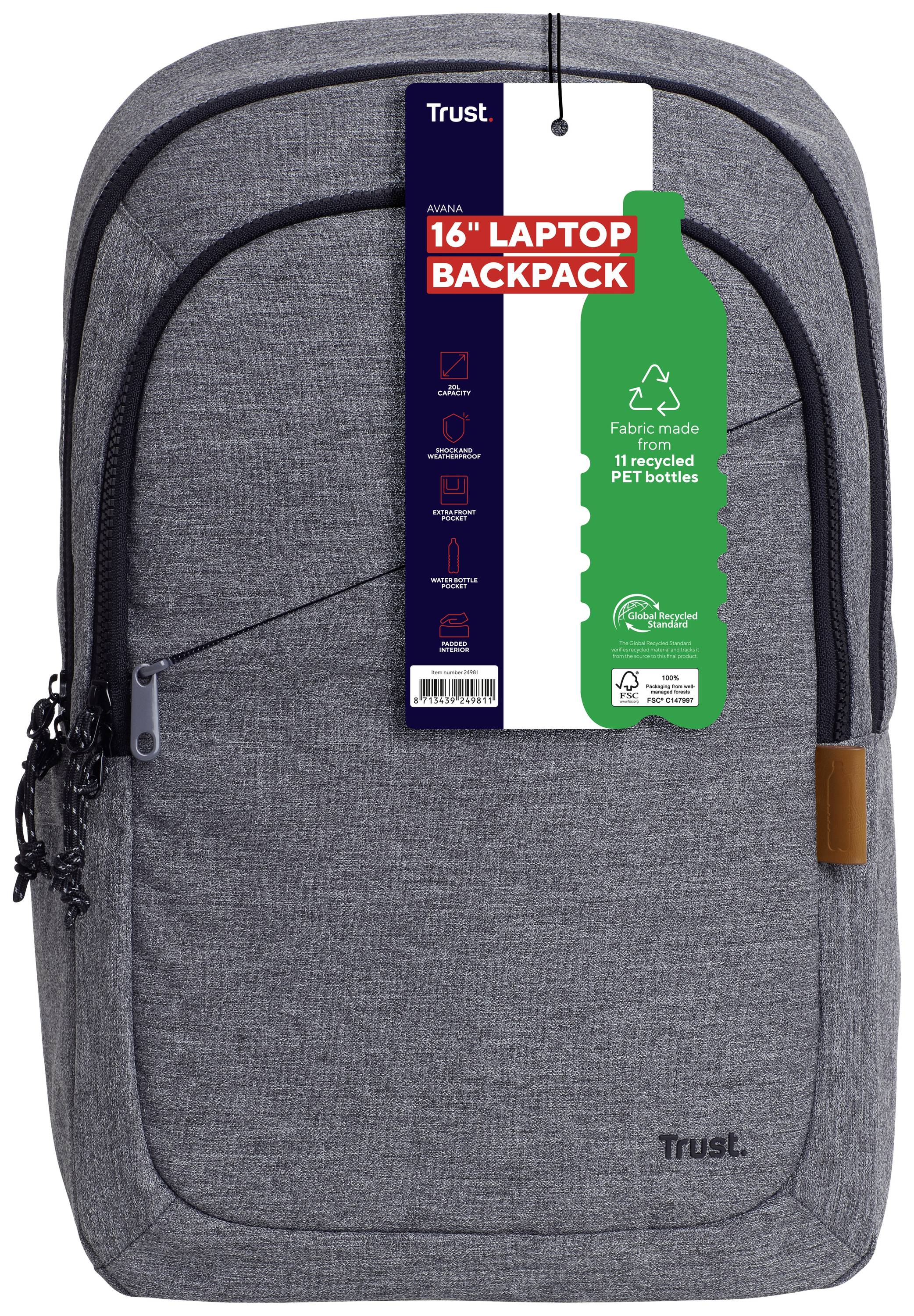 Šedý batoh na notebook Trust pro 16palcové laptopy, vyrobený z recyklovaných PET lahví. Obsahuje několik různých kapes.