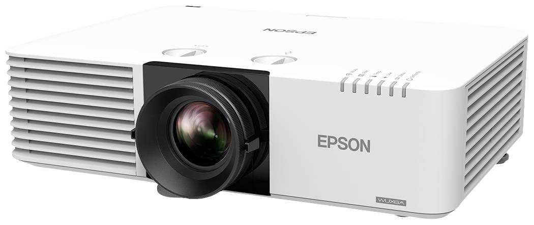 Bílý projektor Epson s viditelným objektivem a ovládacími tlačítky na horní straně. Vhodný pro prezentace nebo filmový zážitek.