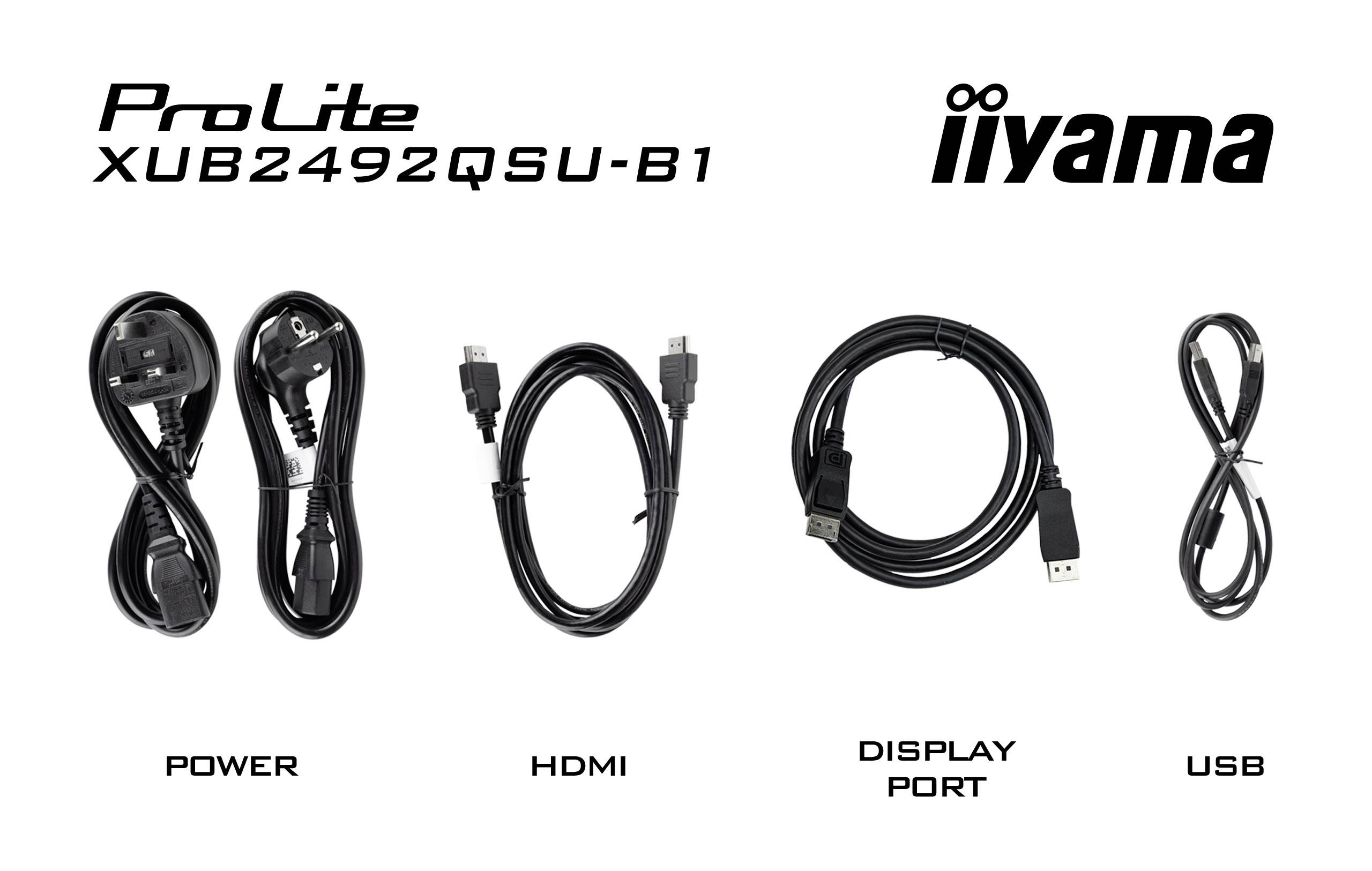 'ProLite XUB2492QSU-B1' Monitor-příslušenství: napájecí kabel, HDMI kabel, DisplayPort kabel, USB kabel, s logem iiyama nahoře vpravo.