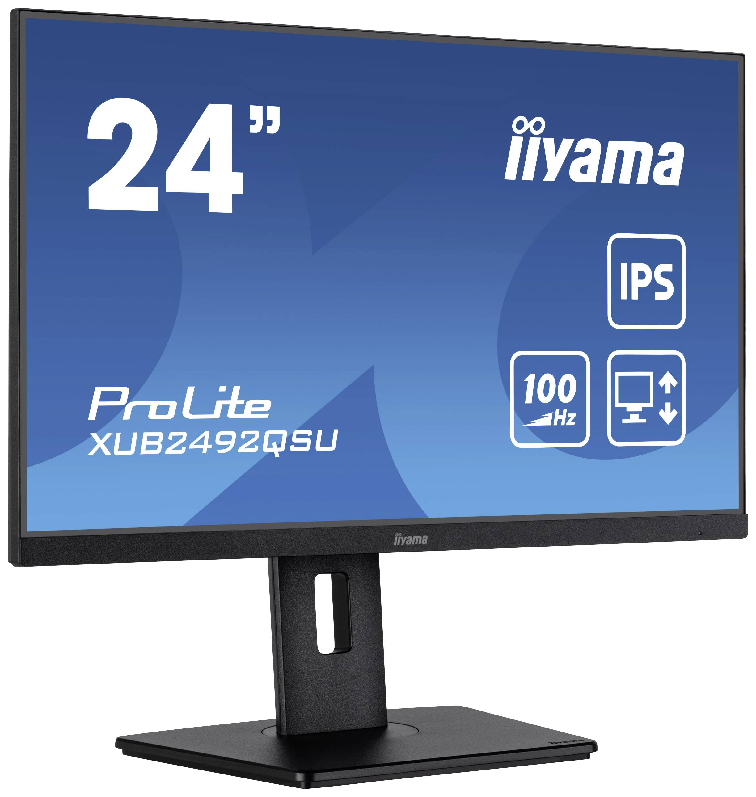 Monitor 'iiyama ProLite XUB2492QSU' s 24palcovou obrazovkou, IPS panelem, obnovovací frekvencí 100 Hz a nastavitelným stojanem.