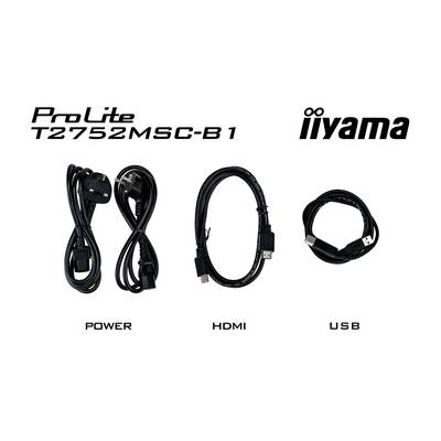Tři kabely vedle sebe: vlevo napájecí kabel, uprostřed HDMI kabel, vpravo USB kabel. Vlevo nahoře je napsáno 'ProLite T2752MSC-B1'. Vpravo nahoře je logo výrobce.