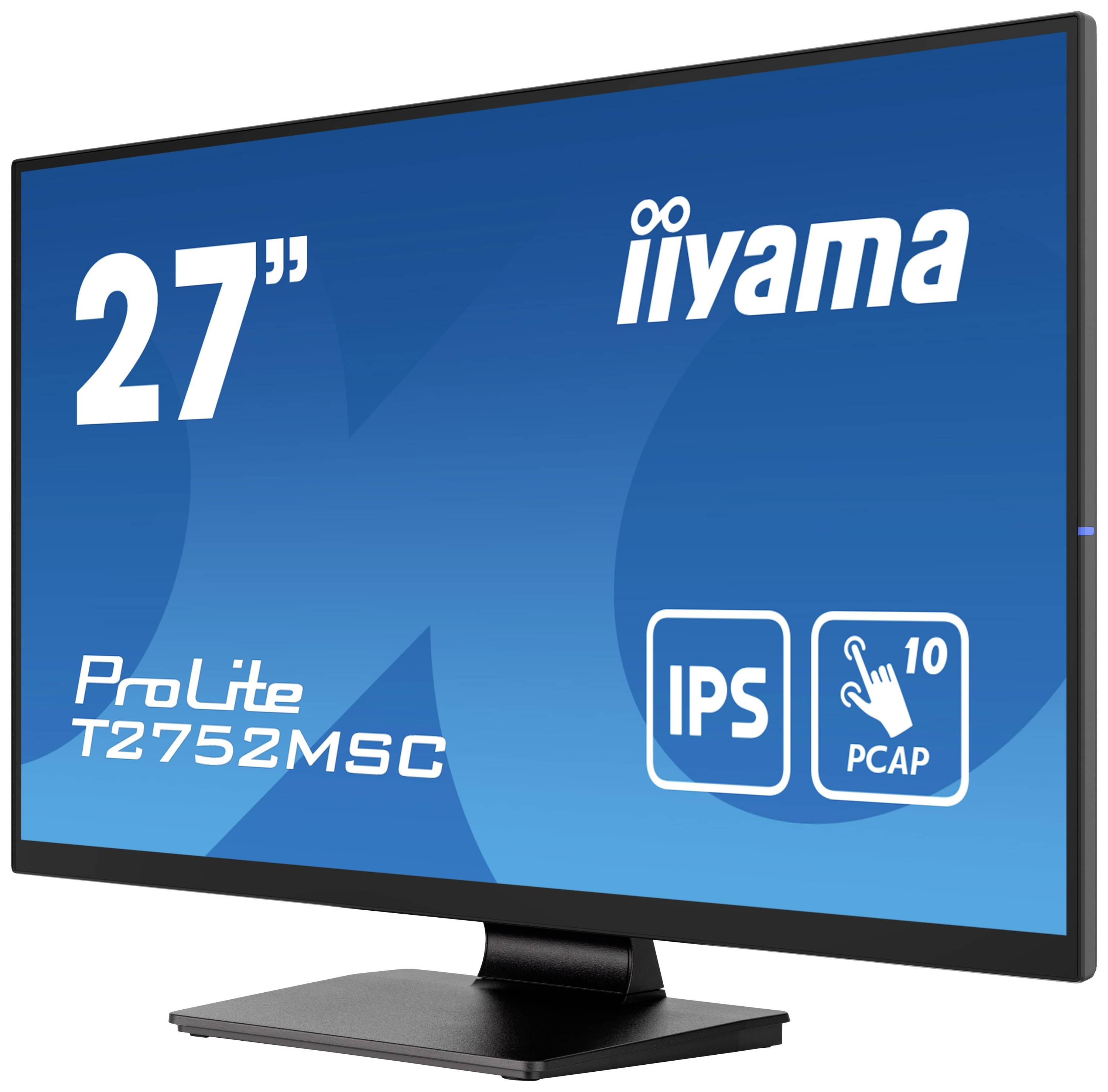 Monitor Iiyama o velikosti 27 palců s modelovým číslem ProLite T2752MSC. Zobrazuje technologii IPS a funkčnost multi-dotykového ovládání s 10 body dotyku.