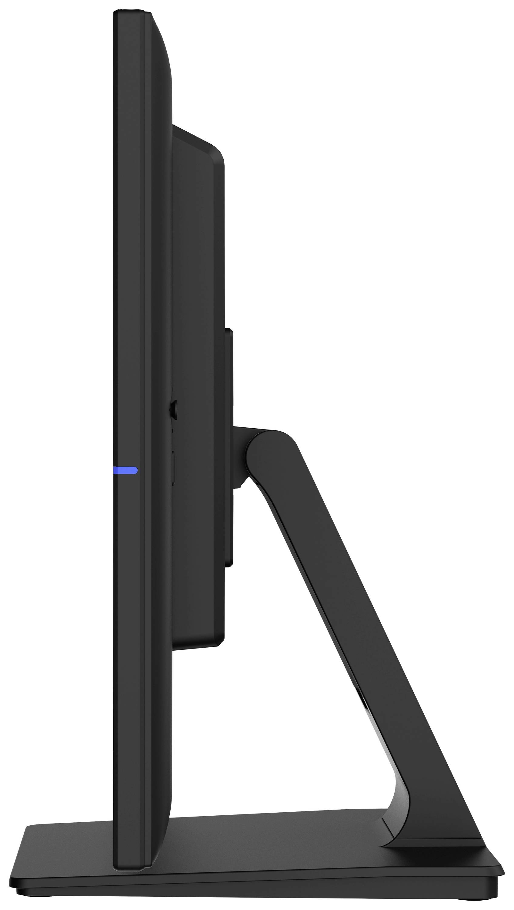 Boční pohled na štíhlý černý počítačový monitor na podstavci. Design je minimalistický a moderní.