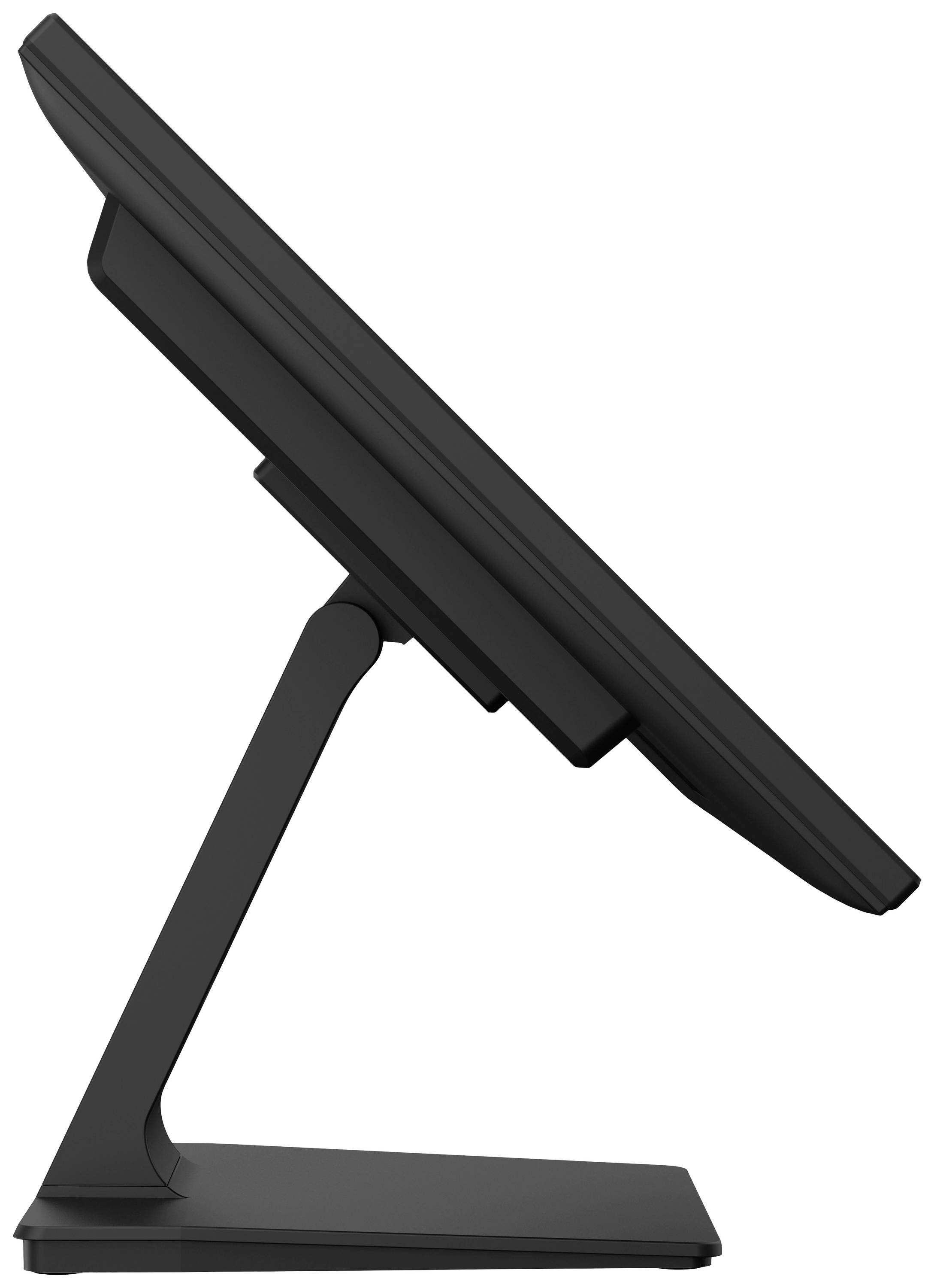 Moderní monitor s šikmým sklonem umístěný na úzkém stojanu, pohled z boku.