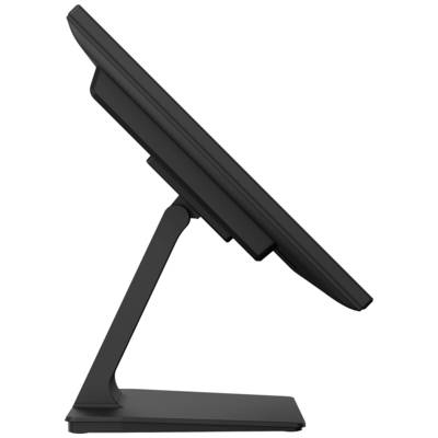 Moderní monitor s šikmým sklonem umístěný na úzkém stojanu, pohled z boku.