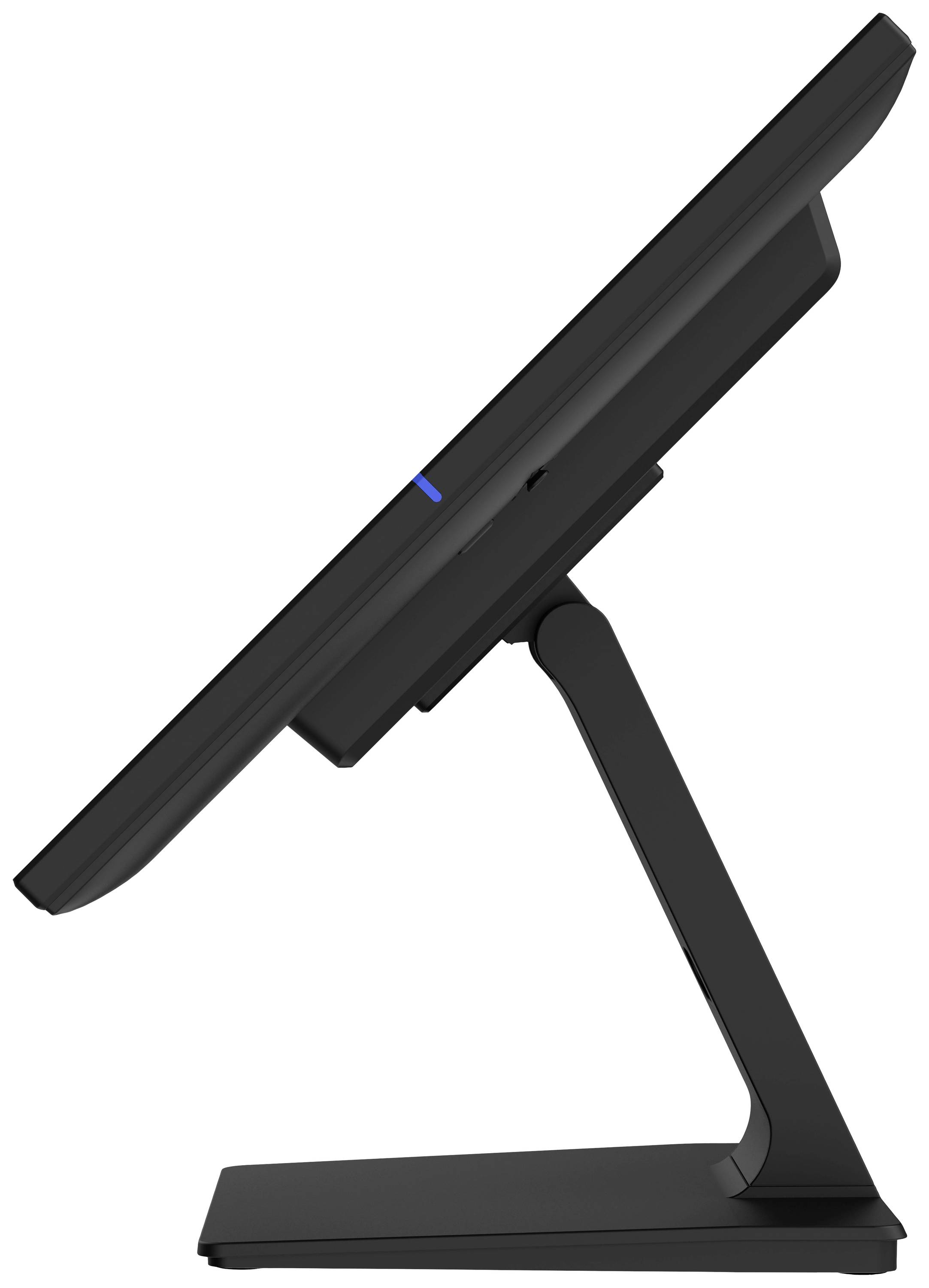 Boční pohled na černý počítačový monitor umístěný na podstavci, mírně nakloněný dozadu. Monitor má moderní, štíhlý design.