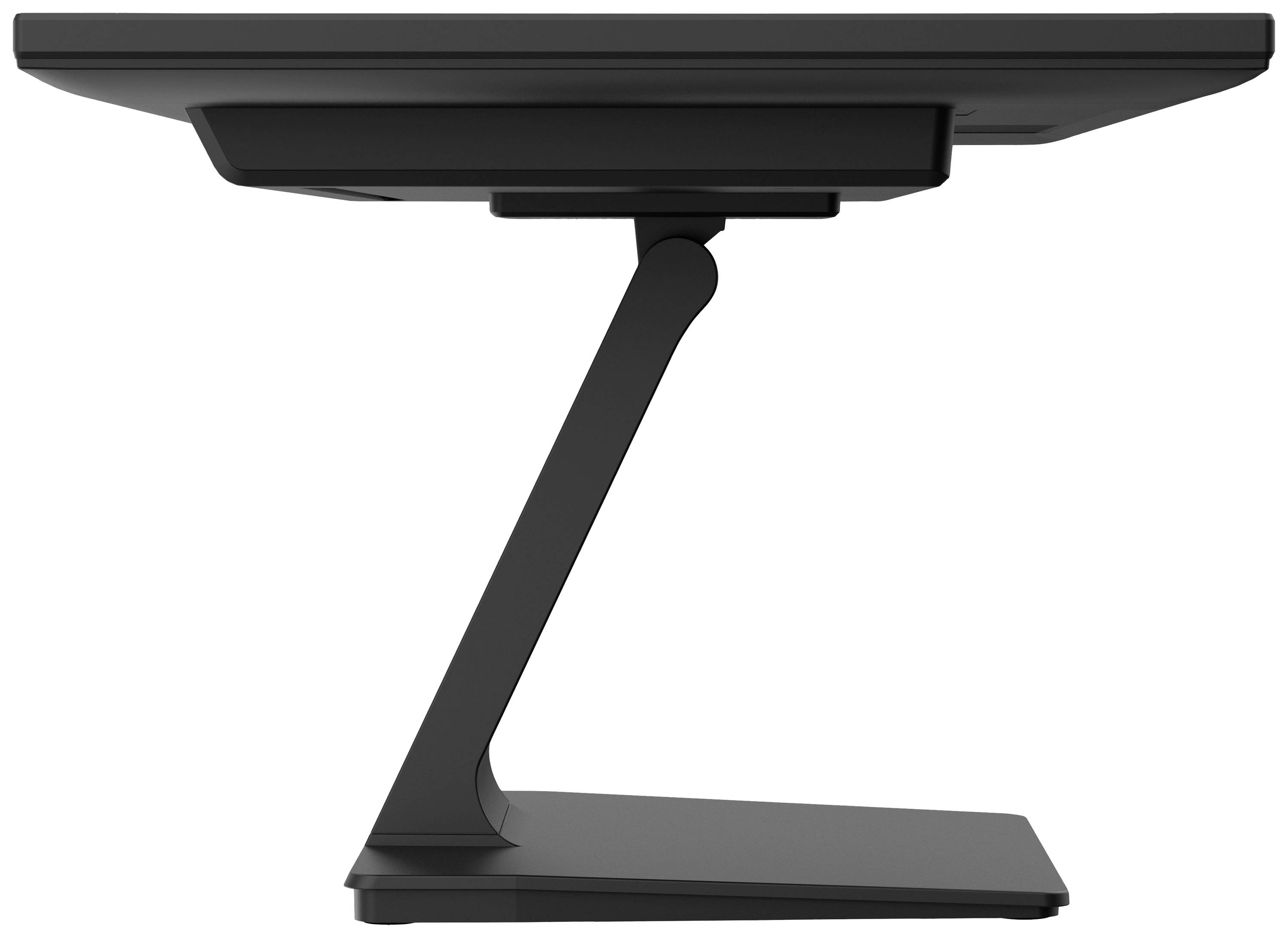 Plochý černý monitor s elegantním, štíhlým stojanem, pohled z boku, ideální pro moderní pracovní prostředí.