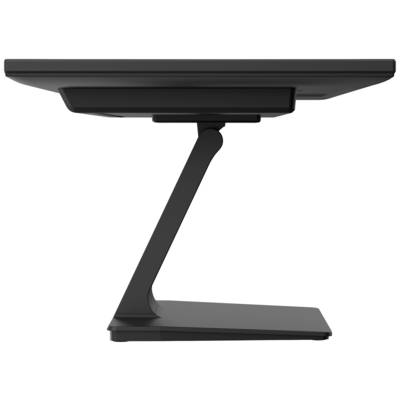 Plochý černý monitor s elegantním, štíhlým stojanem, pohled z boku, ideální pro moderní pracovní prostředí.