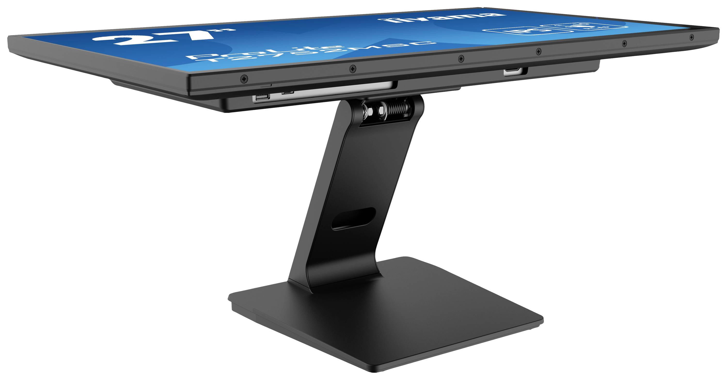 Moderní černý dotykový monitor v šikmém stolním designu, ideální pro interaktivní aplikace nebo prezentace.