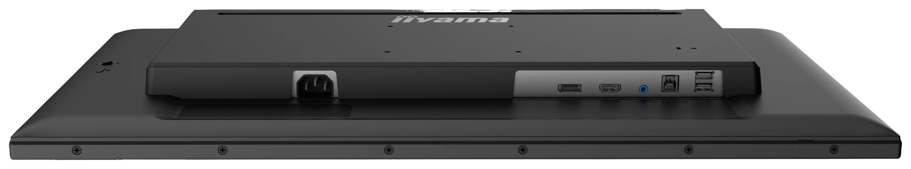 Černý monitor leží plošně, zadní strana s připojovacími porty je viditelná. Obsahuje HDMI a USB porty, napájecí konektor, značka 'iiyama'.