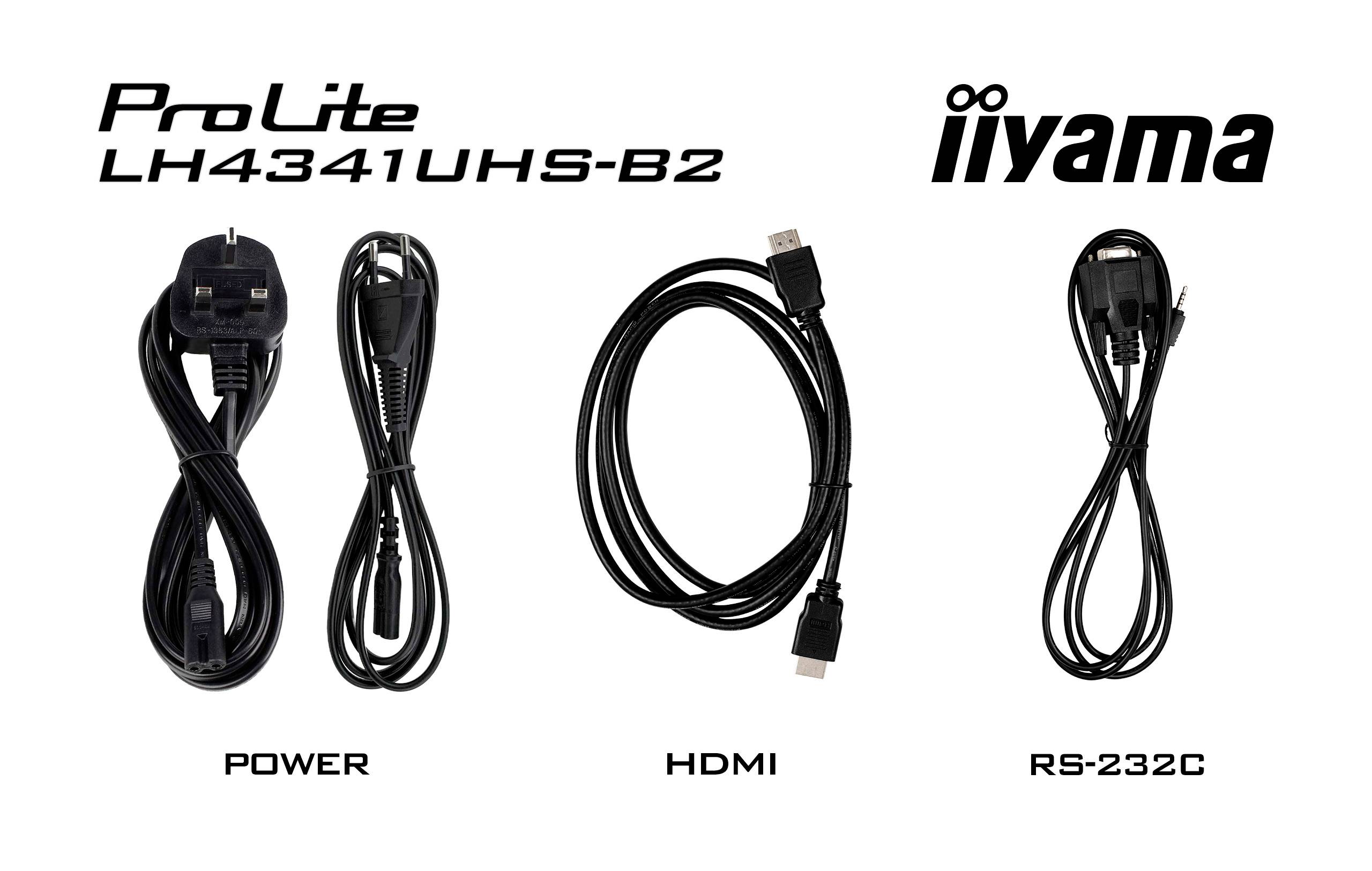 'ProLite LH4341UHS-B2 iiyama' Kabel: Napájecí kabel, HDMI, RS-232C.