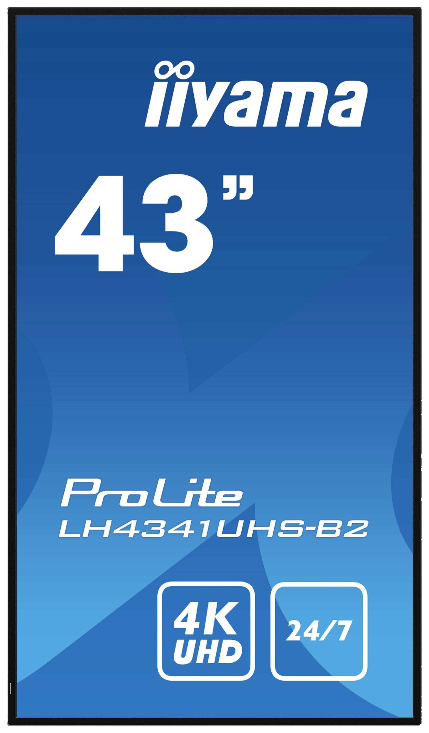 Monitor zobrazuje reklamní obrázek s údaji: 43 palců, model 'ProLite LH4341UHS-B2', 4K UHD, vhodný pro nepřetržitý provoz 24/7.