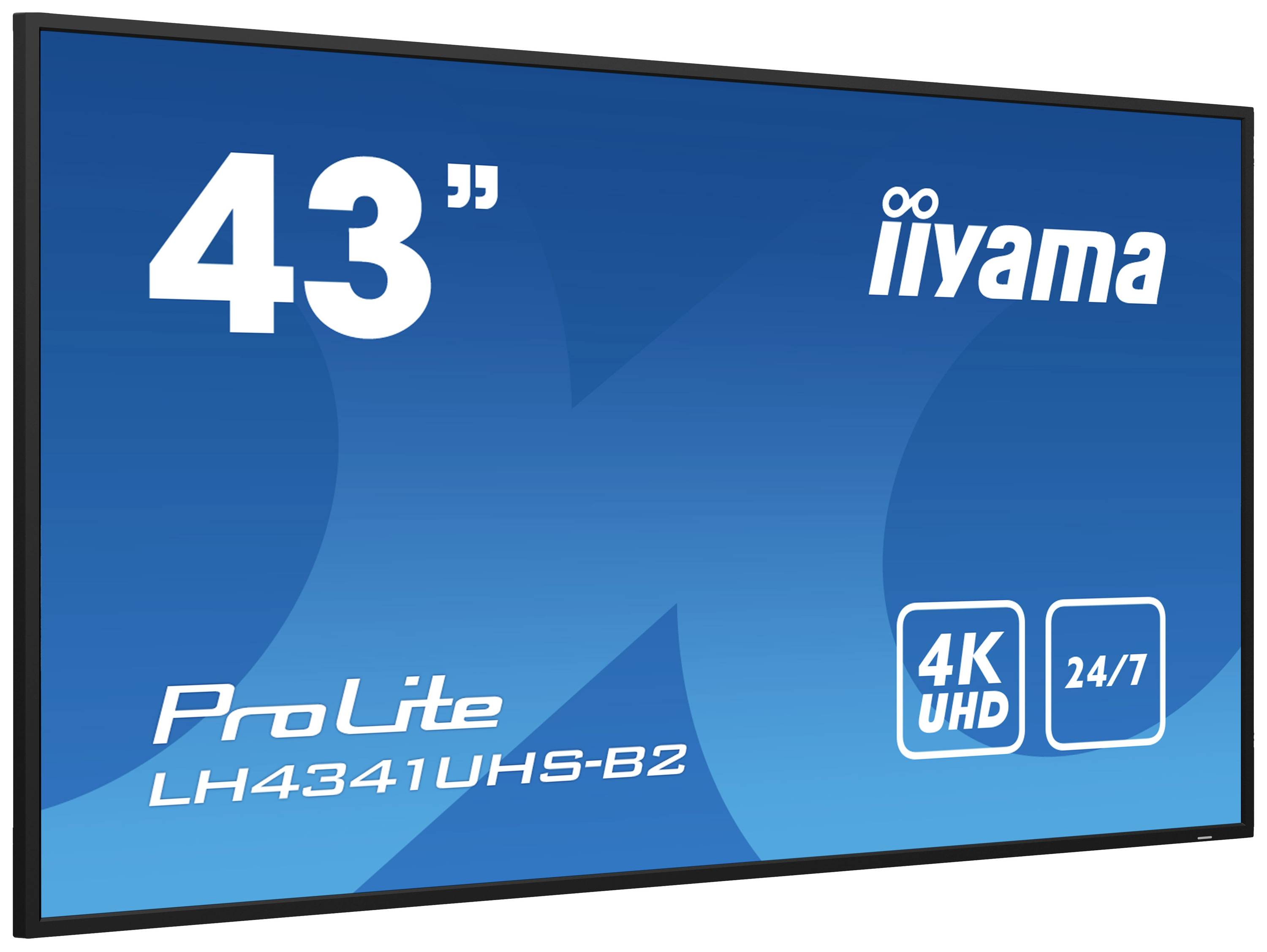 43palcový monitor od společnosti iiyama, model ProLite LH4341UHS-B2, s rozlišením 4K UHD, vhodný pro nepřetržitý provoz 24/7.