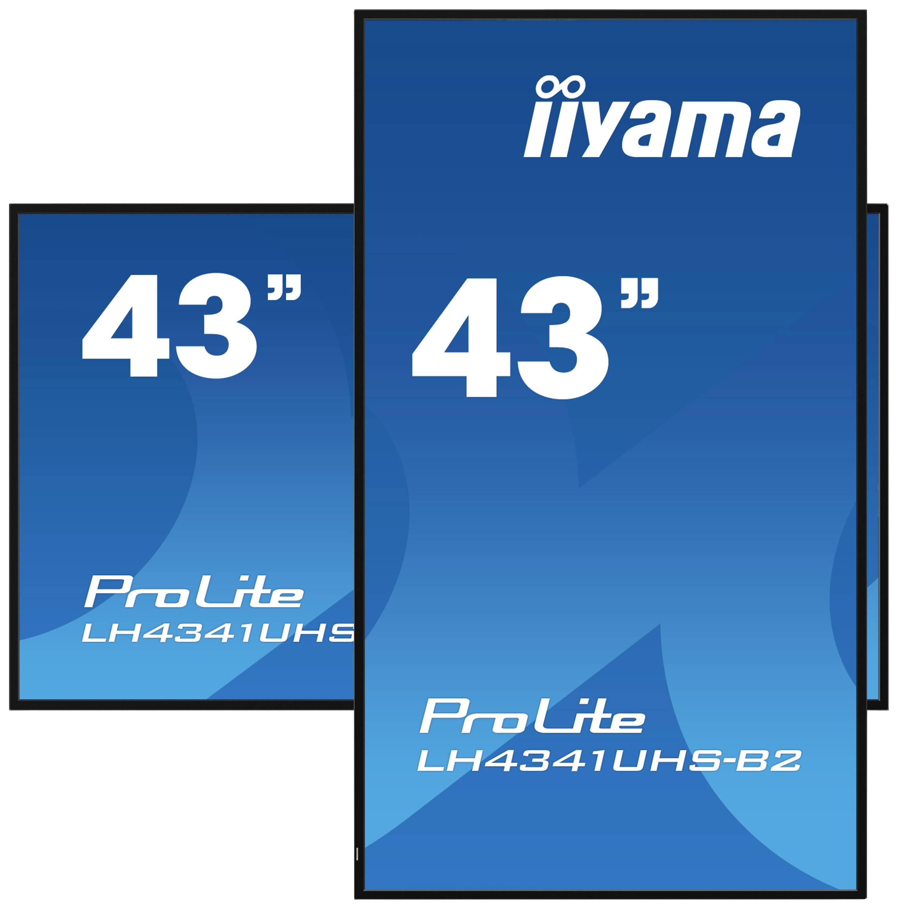 Dva monitory iiyama o velikosti 43 palců. Modely: ProLite LH4341UHS-B1 a ProLite LH4341UHS-B2. Modré pozadí, bílý text.