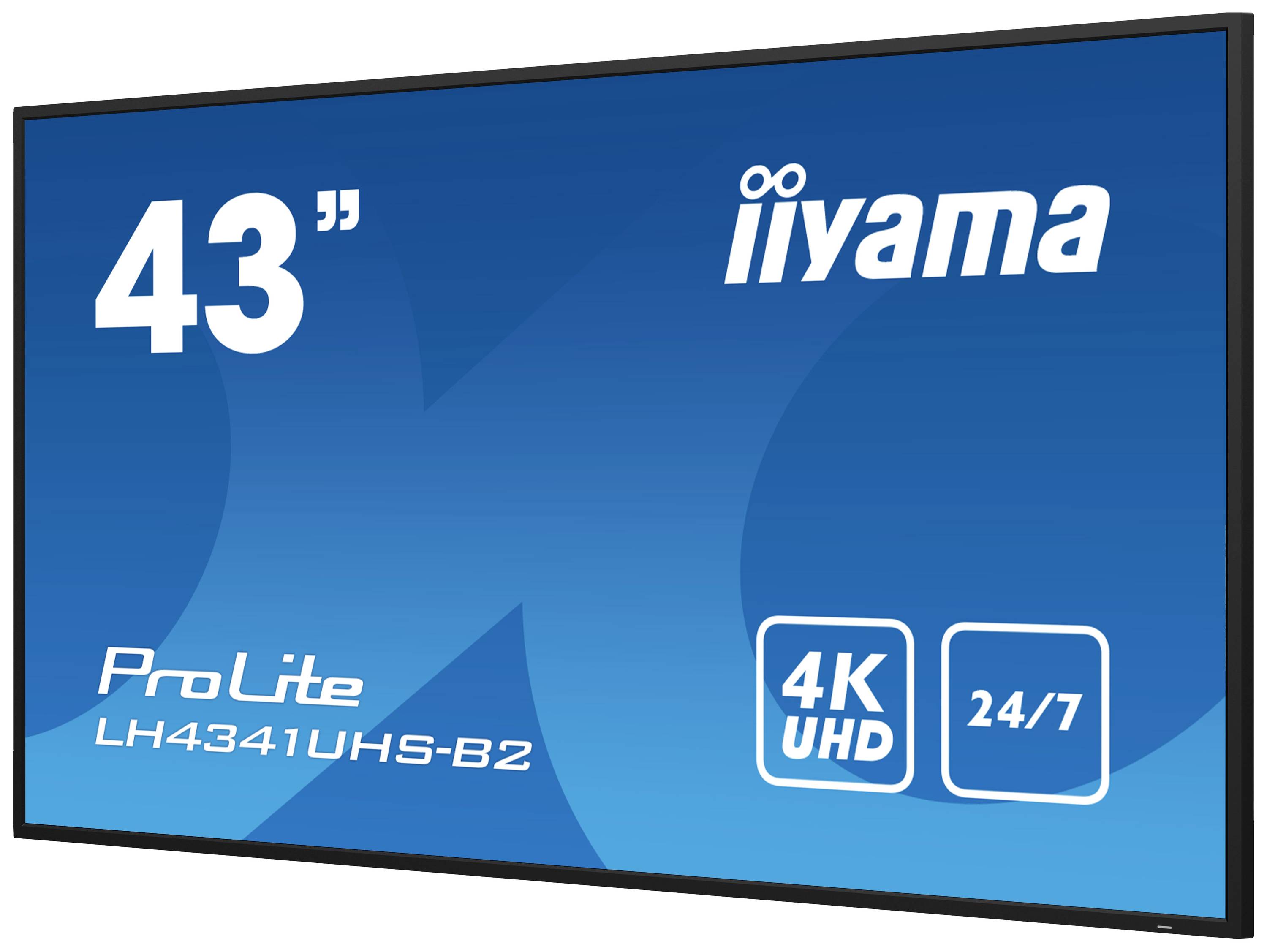 43palcový monitor od iiyama, model 'ProLite LH4341UHS-B2', zobrazuje informace o rozlišení '4K UHD' a provozu '24/7' na modrém pozadí.