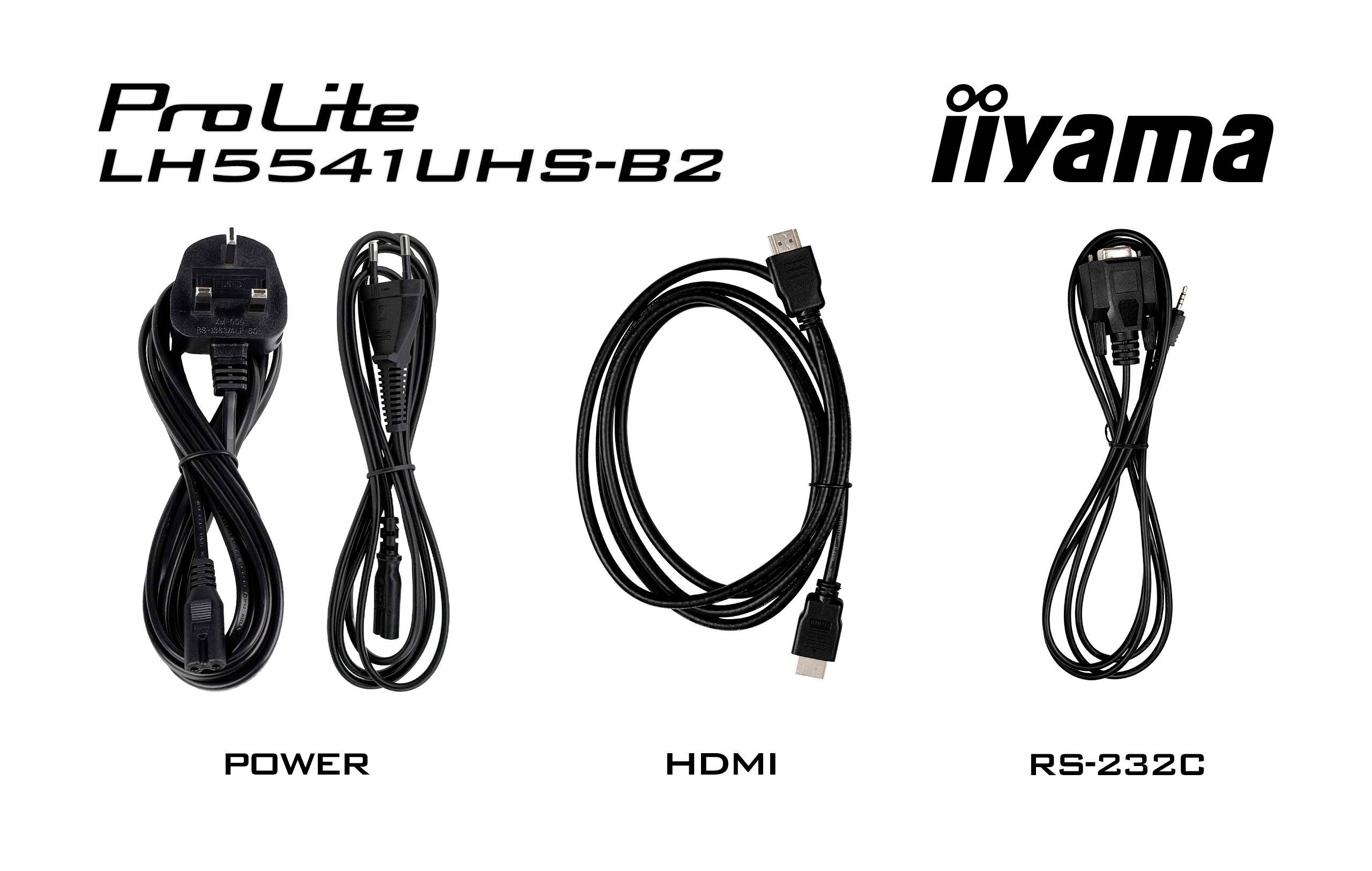 Příslušenství monitoru 'ProLite LH5541UHS-B2'. Zobrazuje napájecí kabel, HDMI kabel a RS-232C kabel. Název značky 'iiyama' v pravém horním rohu.