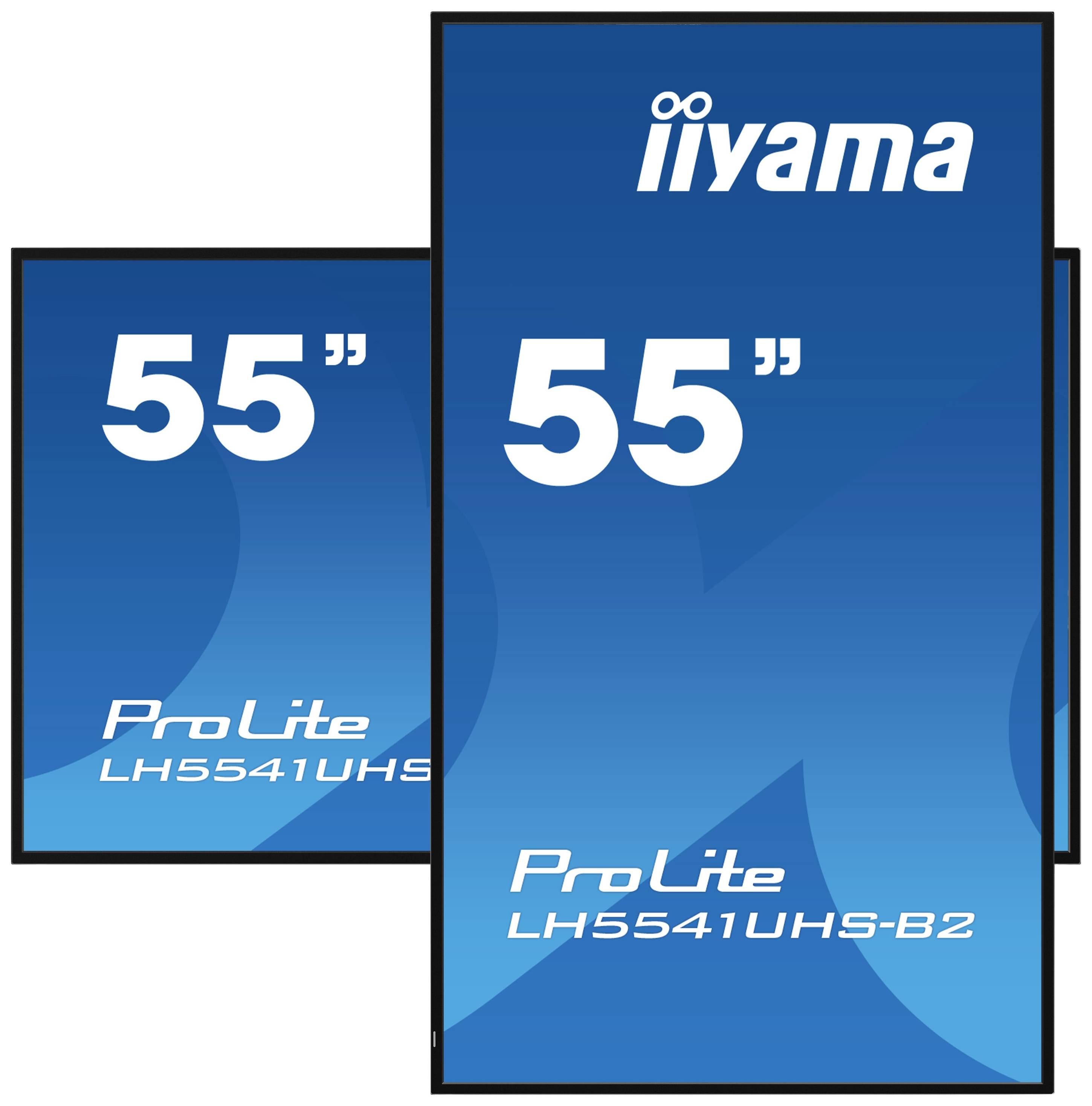 Dva monitory Iiyama ProLite, model LH5541UHS-B1, s 55palcovými obrazovkami a modrým pozadím, zobrazují velkou velikost obrazovky.