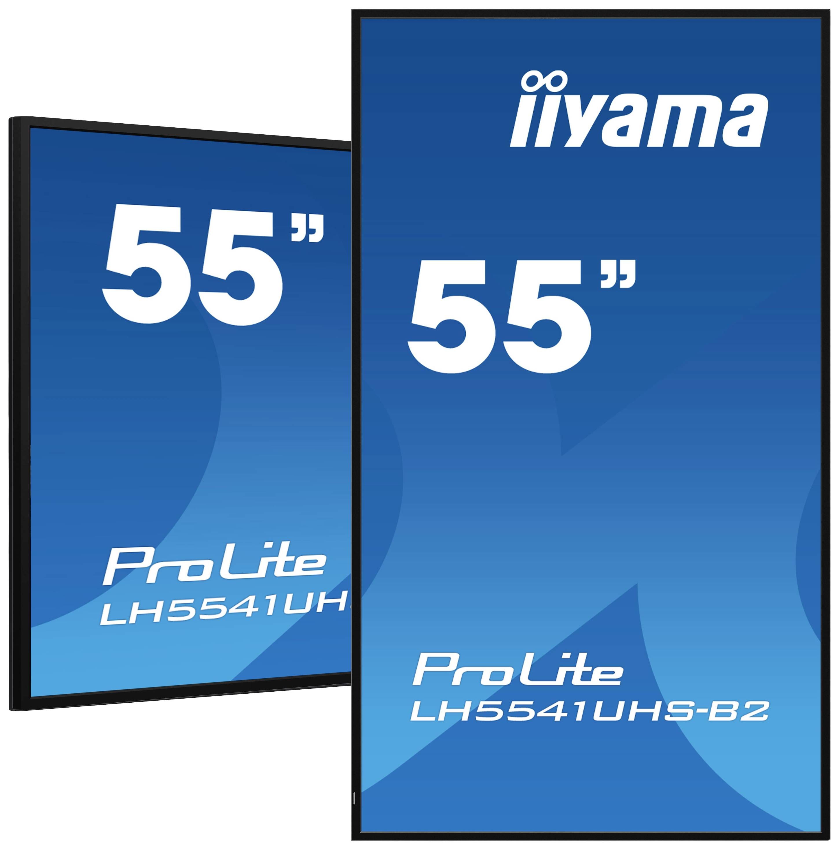 Dva 55palcové monitory značky iiyama, model ProLite LH5541UHS-B2, v černém rámu, jeden vertikálně, druhý horizontálně orientovaný.
