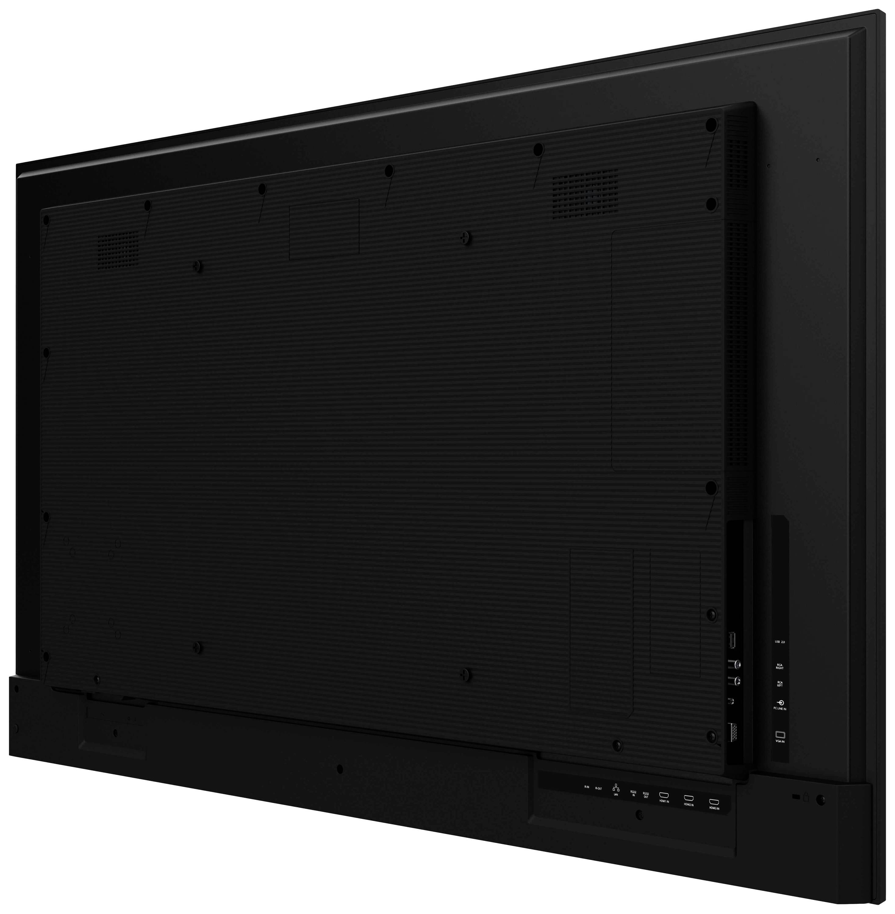 Pohled zezadu na plochý černý monitor s několika konektory na pravé straně, včetně portů HDMI a USB.