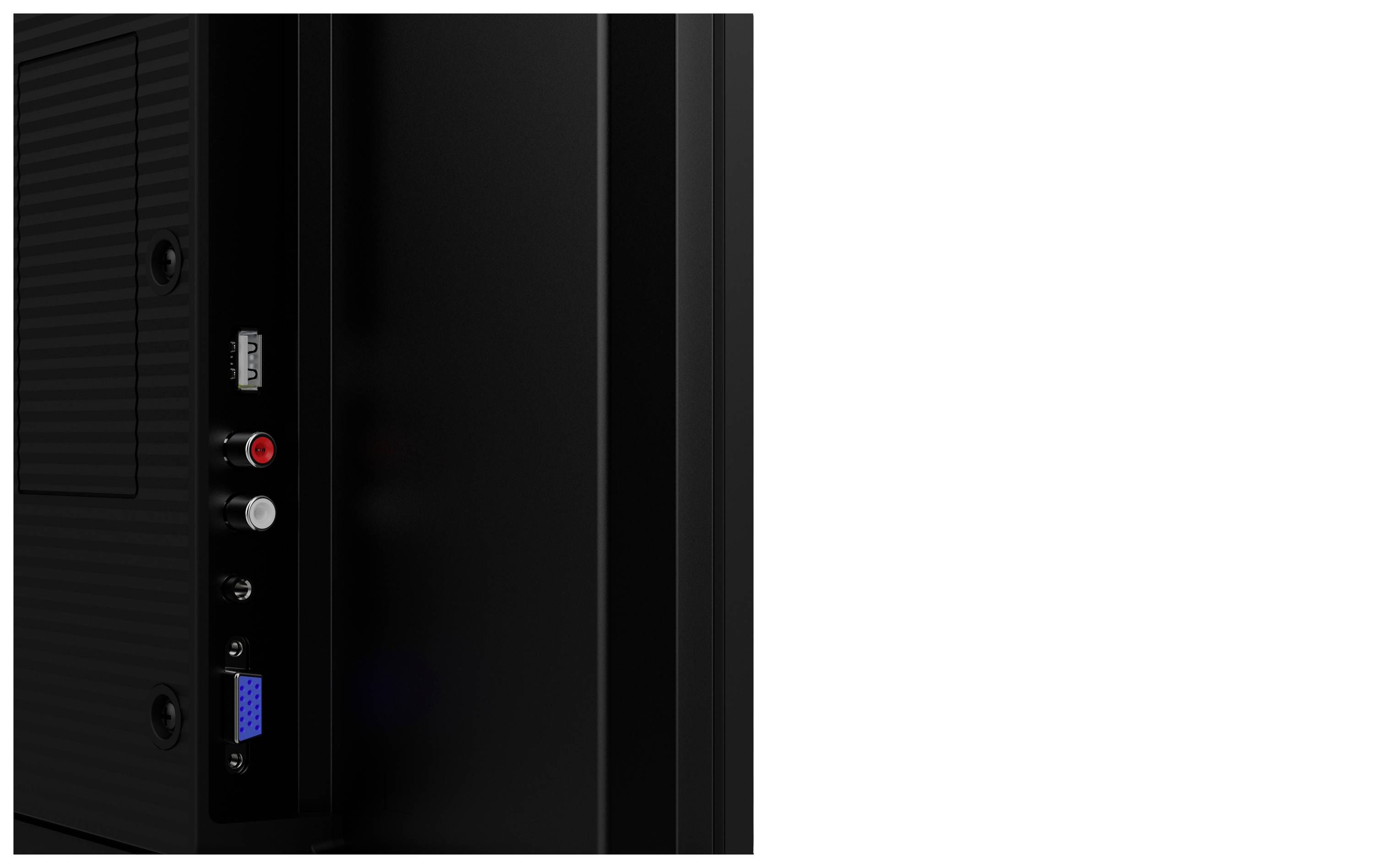 Zadní strana televize s konektory: USB, audio zdířky (červená/bílá), HDMI, VGA. Vlevo od nich kryt, zbytek plochy je černý.