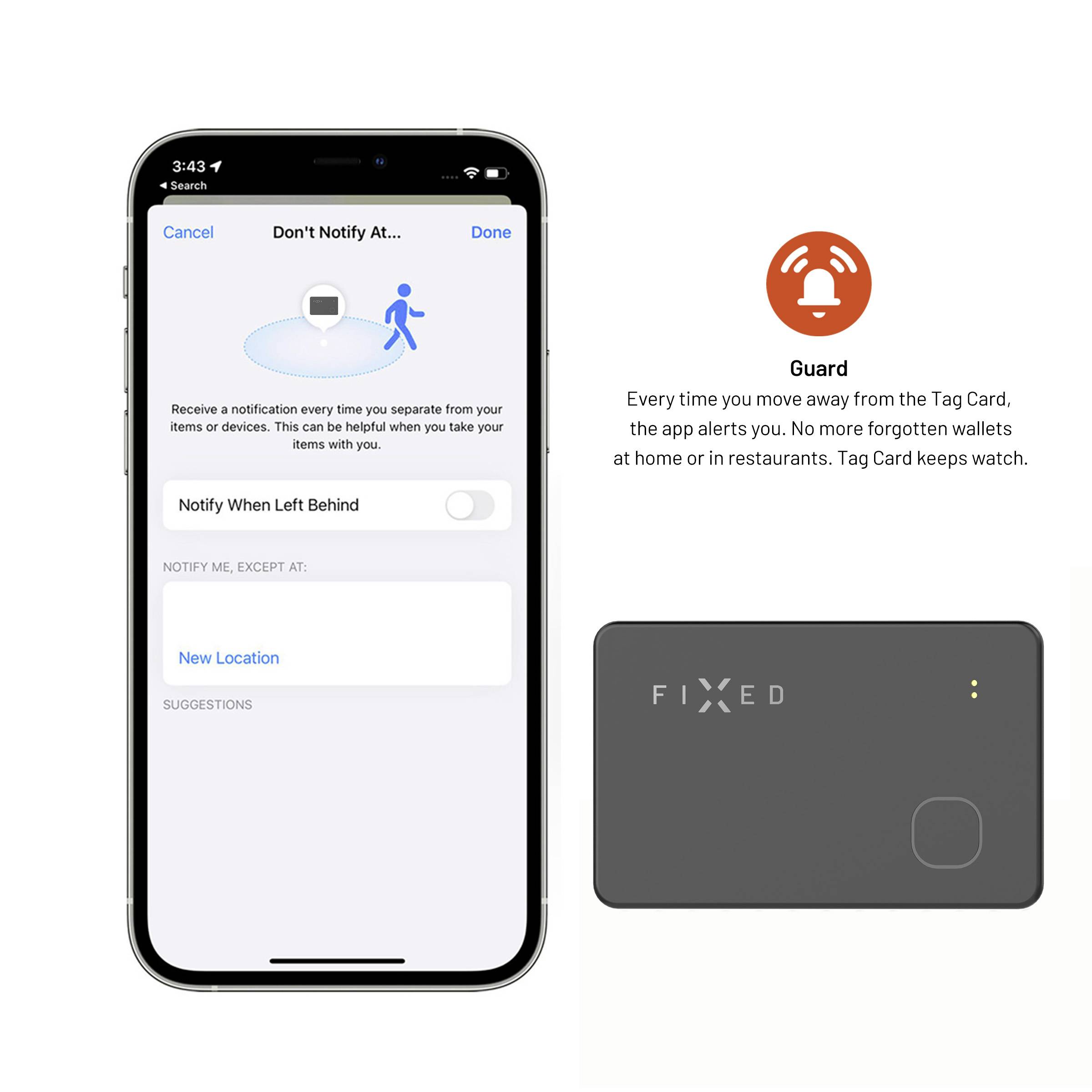 Obrázek zobrazuje smartphone s nastavením oznámení a černý sledovací zařízení. Tento tracker pomáhá nezapomenout na důležité předměty.