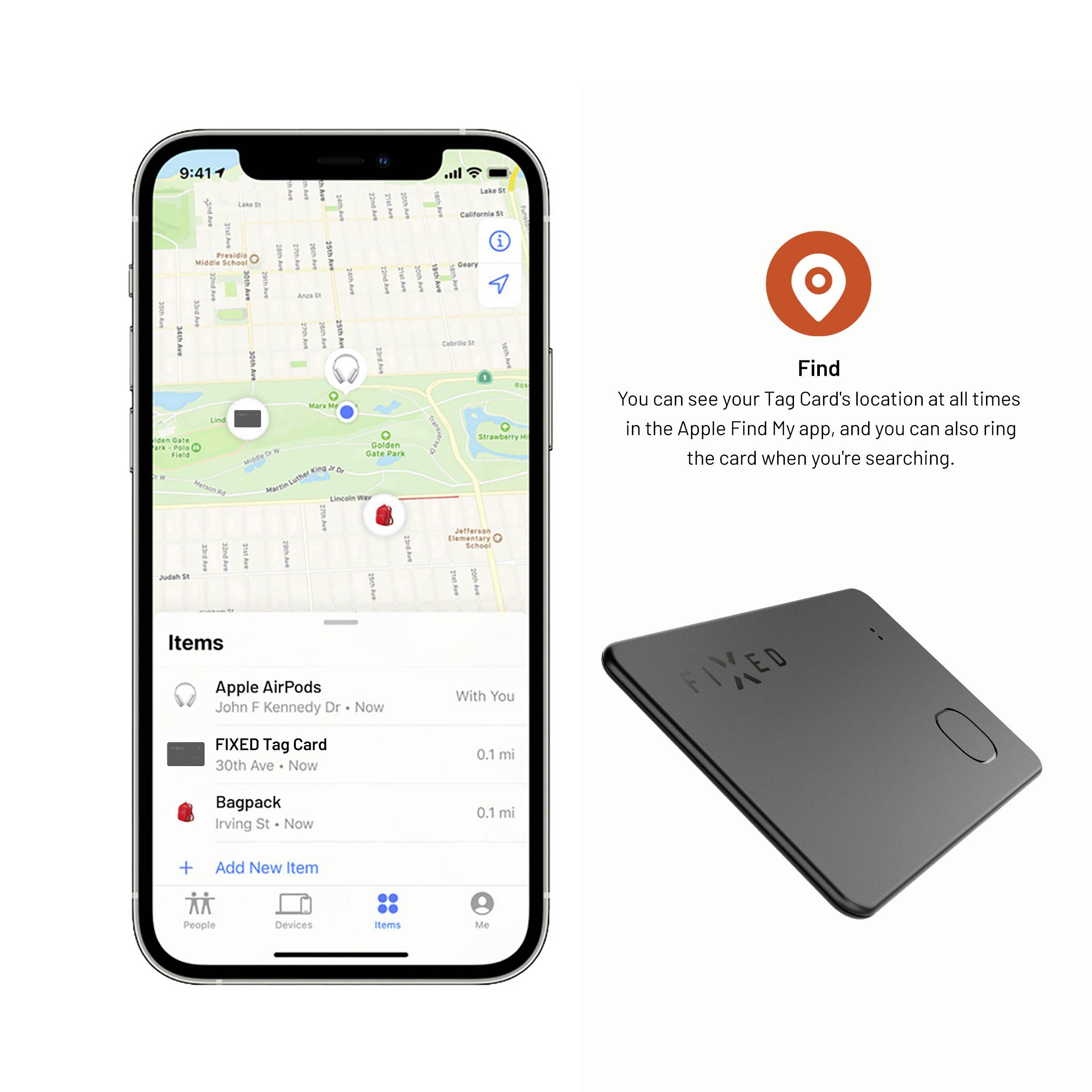 Smartphone zobrazuje aplikaci s mapou, která má vyznačené pozice zařízení. Vedle něj je černá nálepka s nápisem 'FIXED'.