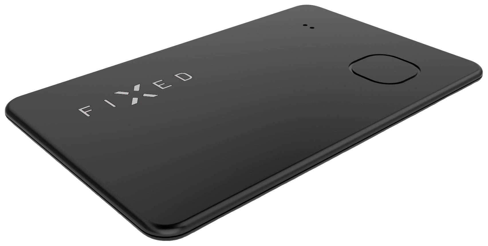 Plochý, černý přístroj s nápisem 'FIXED' a velkým tlačítkem. Mohl by být používán jako tracker nebo něco podobného.