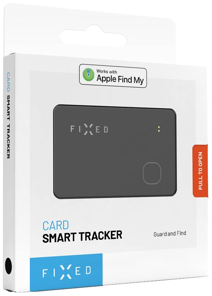 Balení černého Smart Trackeru značky 'FIXED CARD', kompatibilního s 'Apple Find My'. Obsahuje posuvný mechanismus pro otevření.