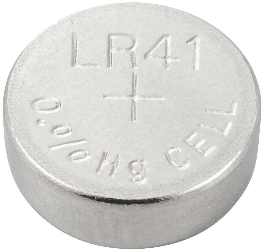 Plochá stříbro-oxidová knoflíková baterie s nápisem 'LR41' a '0% Hg CELL', používaná v malých elektronických zařízeních.