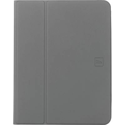Pouzdro v šedé barvě na tablet formátu folio s přední stranou a postranním hřbetem, zobrazeno zavřené na jednoduché podkladu.